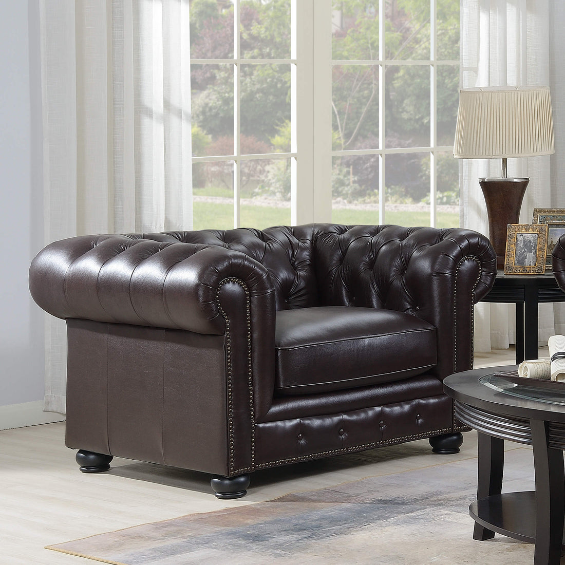 Traditional Tufted Leather Chesterfield Chair Chocolate Leather