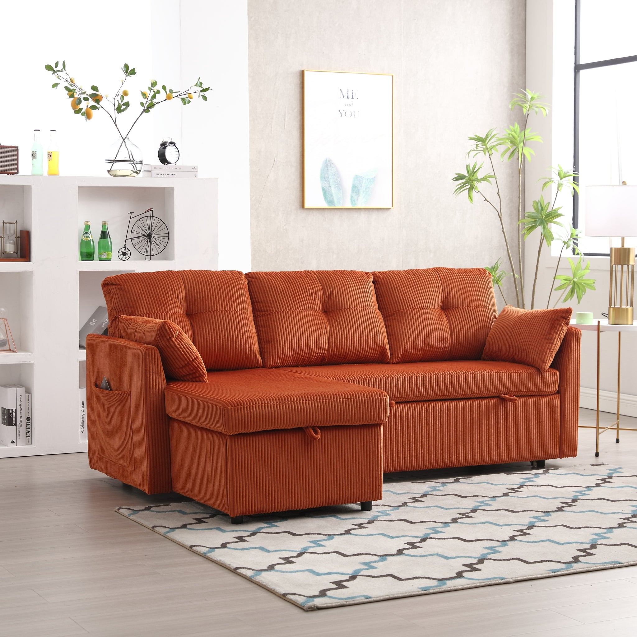 United We Win Furniture, Modular L Shaped Sofa, Modular Long Sofa With Reversible Chaise Lounge, Sofa Bed, Sleeper Sofa, Modular Sofa Combination With Storage Seats. Orange Velvet 3 Seat