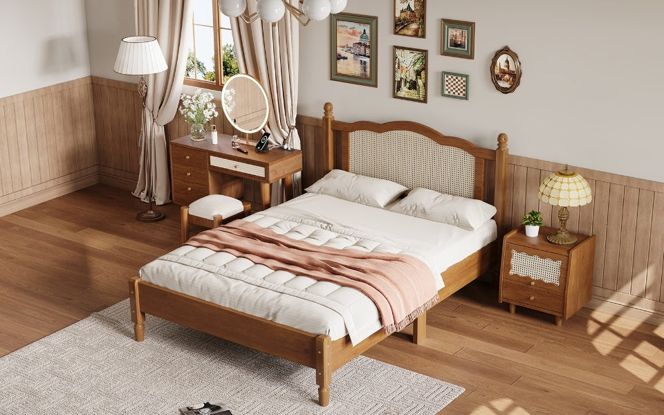 3 Pieces Bedroom Set With Full Size Wooden Bed Frame, 1 Vintage Nightstand And 1 Makeup Vanity Set With Stool,Walnut Full Walnut 3 Piece Set Wood