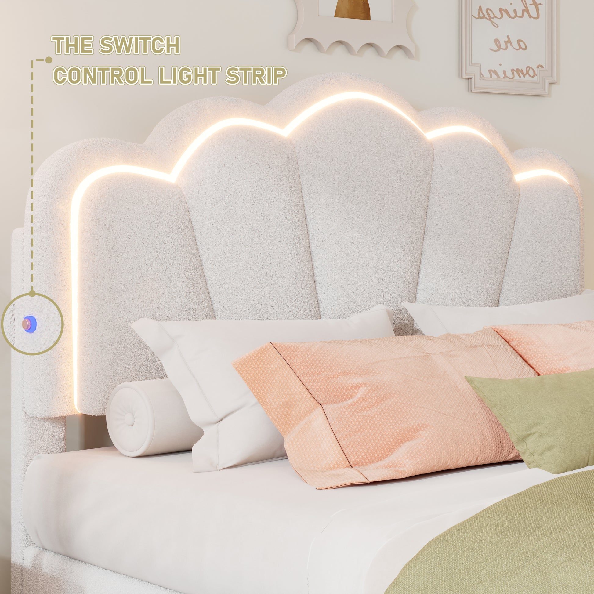 2 Pieces Bedroom Sets Twin Size Flower Shaped Upholstered Led Platform Bed With Storage Ottoman Sherpa Fabric, White Twin White 2 Piece Set Wood