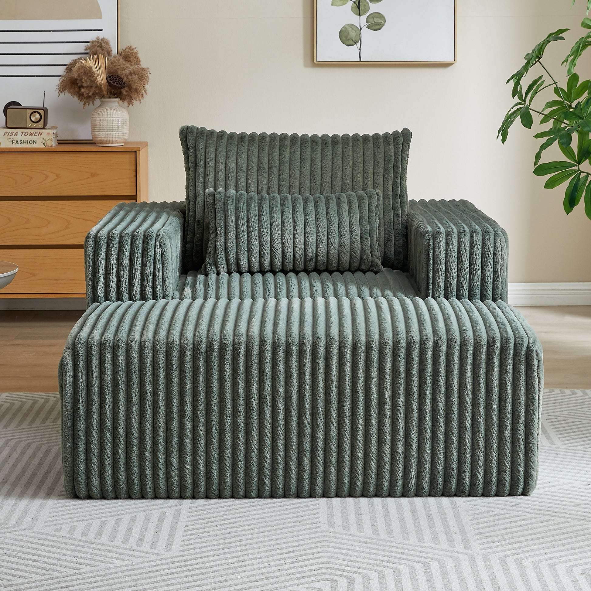 62.5 Inch Corduroy Sponge Sofa Lounge Chair With Removable Footrest,No Assembly Required,Fluffy Modern Sleeper Chair For Indoor Living Room Bedroom Army Green Foam Corduroy 1 Seat