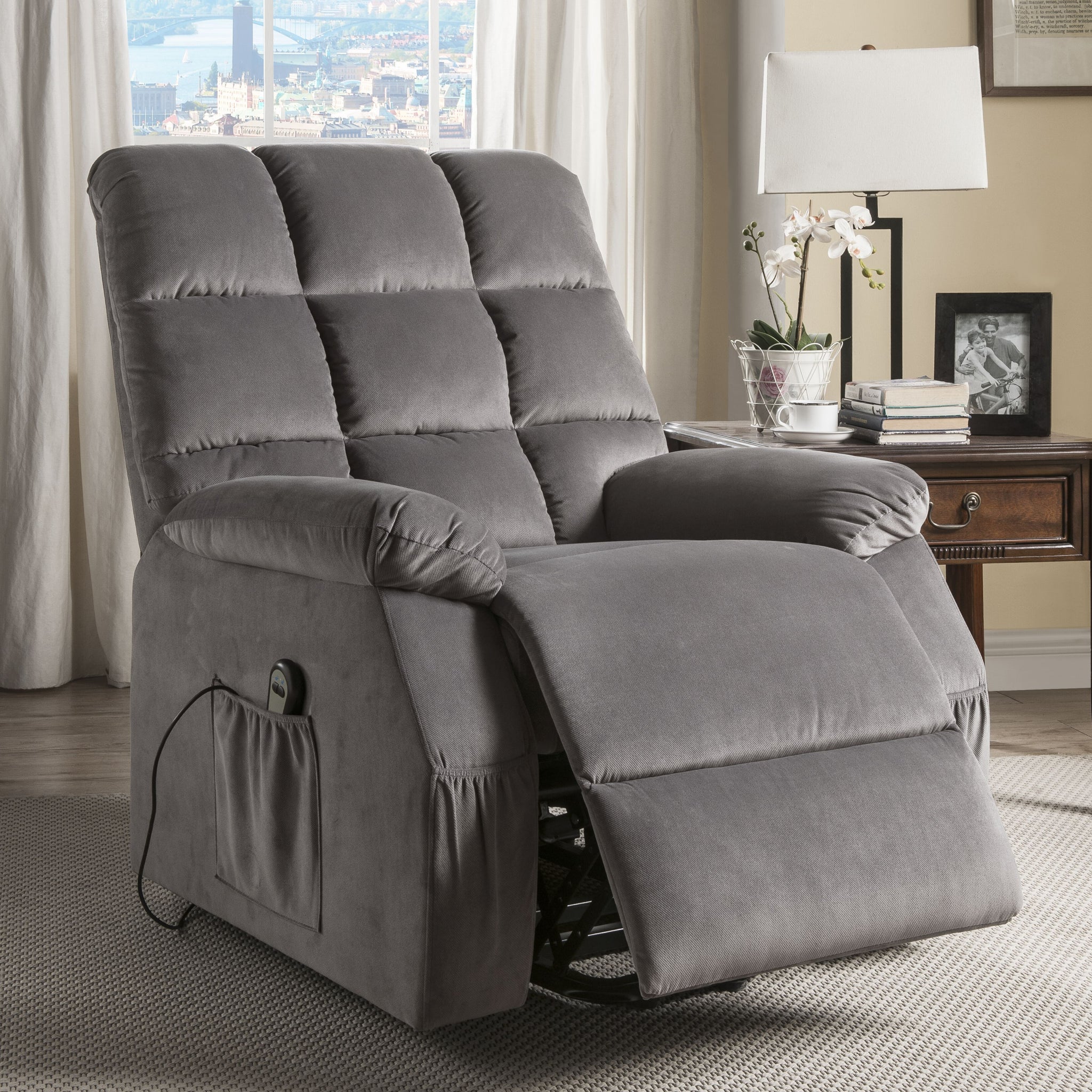Grey Power Lift Recliner With Massage Grey Velvet Power Push Button Metal Primary Living Space Tight Back Push Button Pillow Top Arms Wood Fabric