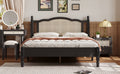 Queen Size Wooden Platform Bed With Natural Rattan Headboard, Vintage Bed Frame With Wooden Slat Support, Black Box Spring Not Required Queen Black Wood