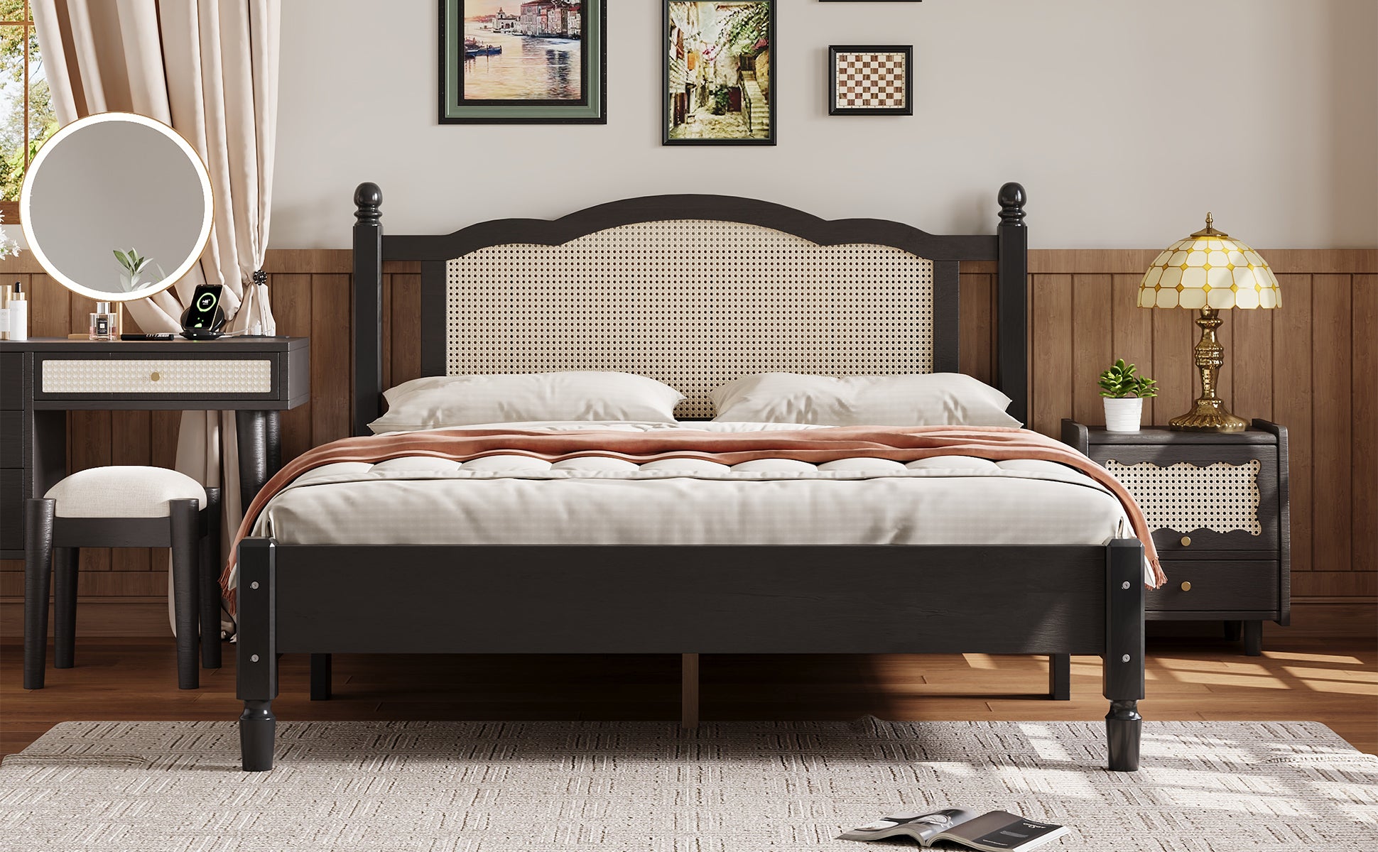 Queen Size Wooden Platform Bed With Natural Rattan Headboard, Vintage Bed Frame With Wooden Slat Support, Black Box Spring Not Required Queen Black Wood