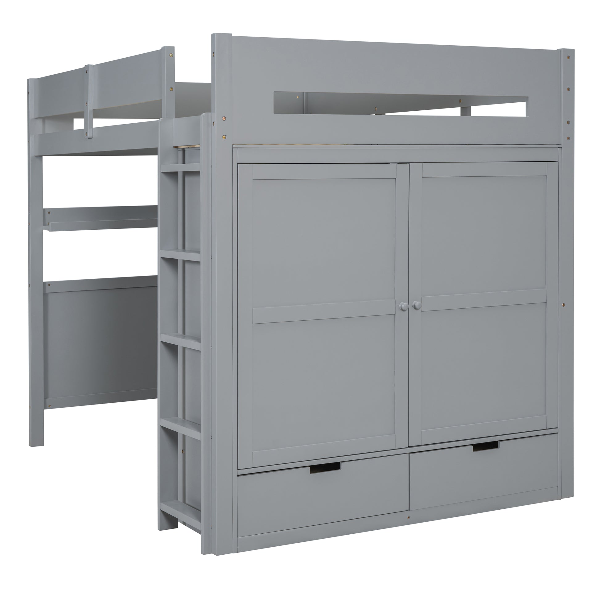 Full Size Wooden Loft Bed With Wardrobe, Desk, Drawers, Shelves, Gray Full Gray Plywood