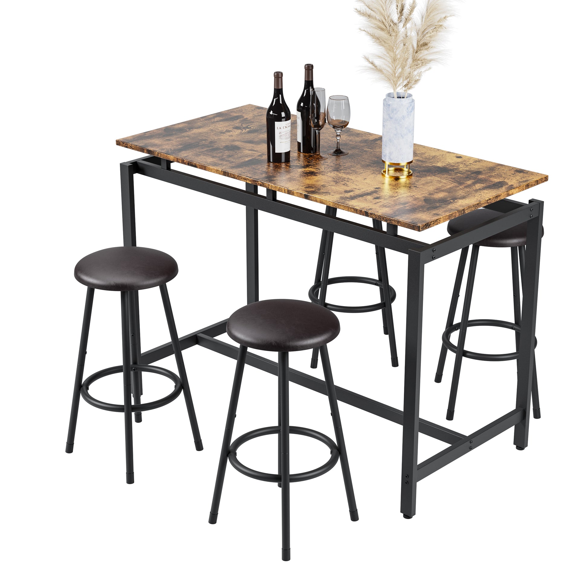 5 Piece Kitchen Counter Height Table Set, Bar Table With 4 Stools Brown Seats 4 Mdf