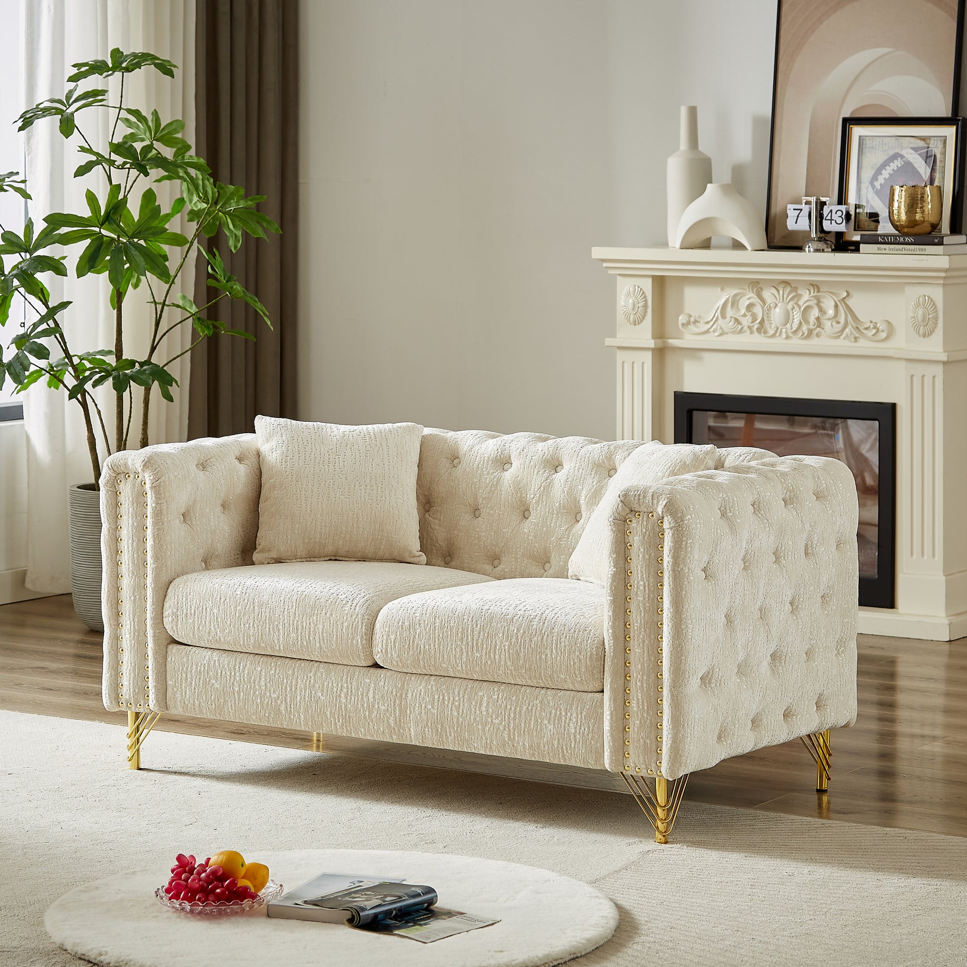 Chenille Pull Buckle Design Sofa For Living Room,Buttons Tufted With Copper Nail Decoration Armrest, Modern Couch Upholstered Button And Metal Legs Beige Foam Chenille 5 Seat