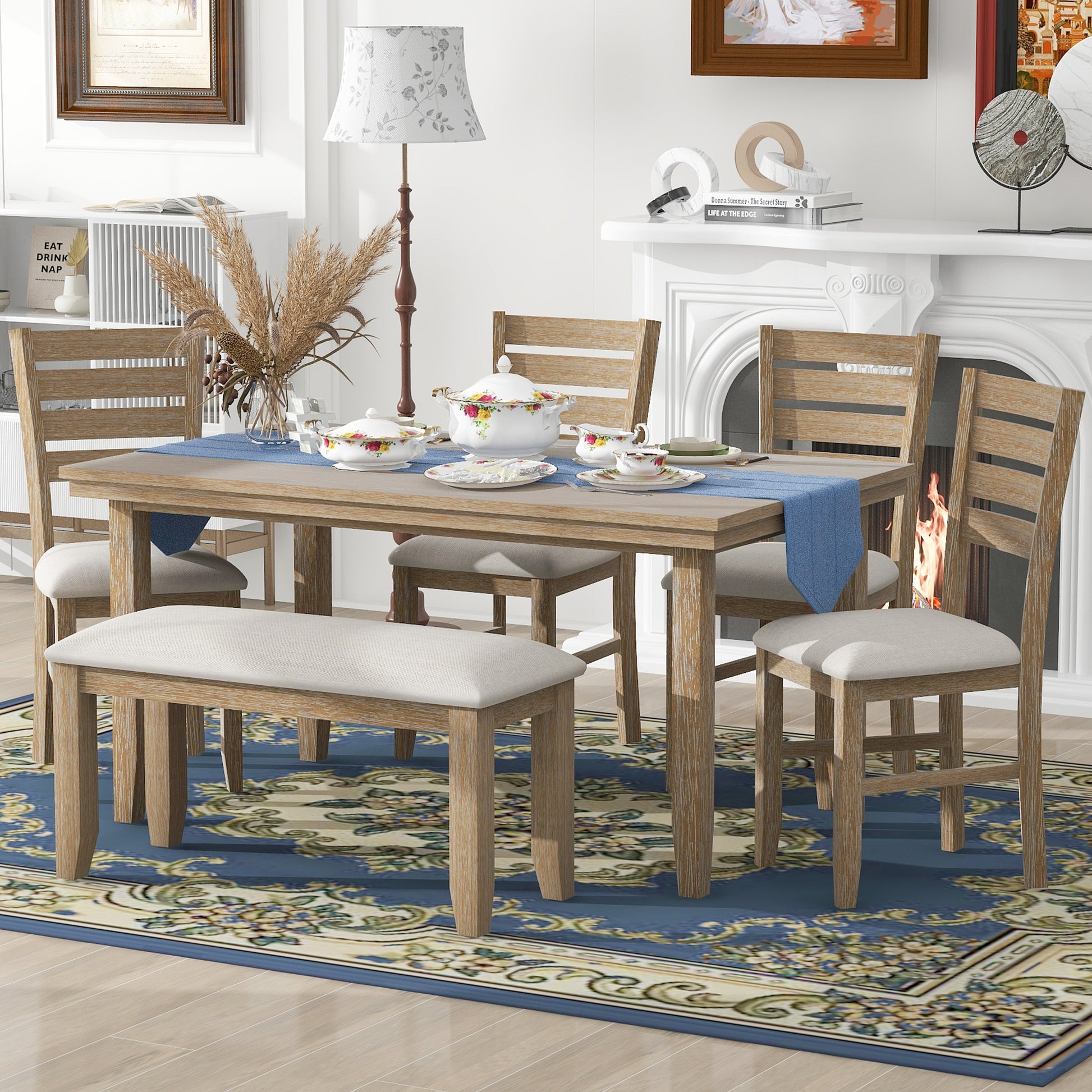 Dining Room Table And Chairs With Bench, Rustic Wood Dining Set, Set Of 6 Natural Wood Wash Natural Wood Wash Solid Wood