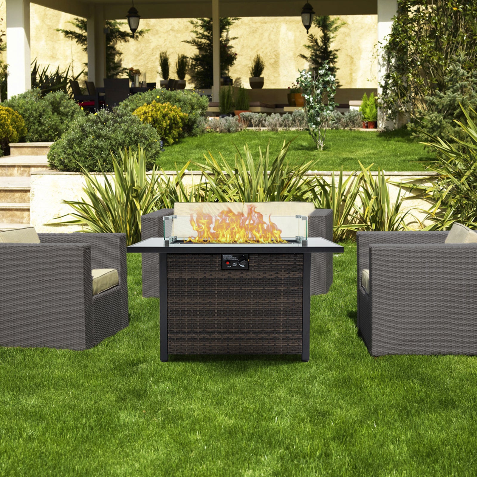 Outdoor Fire Pit 50,000 Btu Propane Gas Fire Table With Lid Fireplace With Glass Wind Guard Wicker Base For Garden, Patio, Backyard, 44" Black Brown Garden & Outdoor Modern Pe Rattan Iron,Rattan