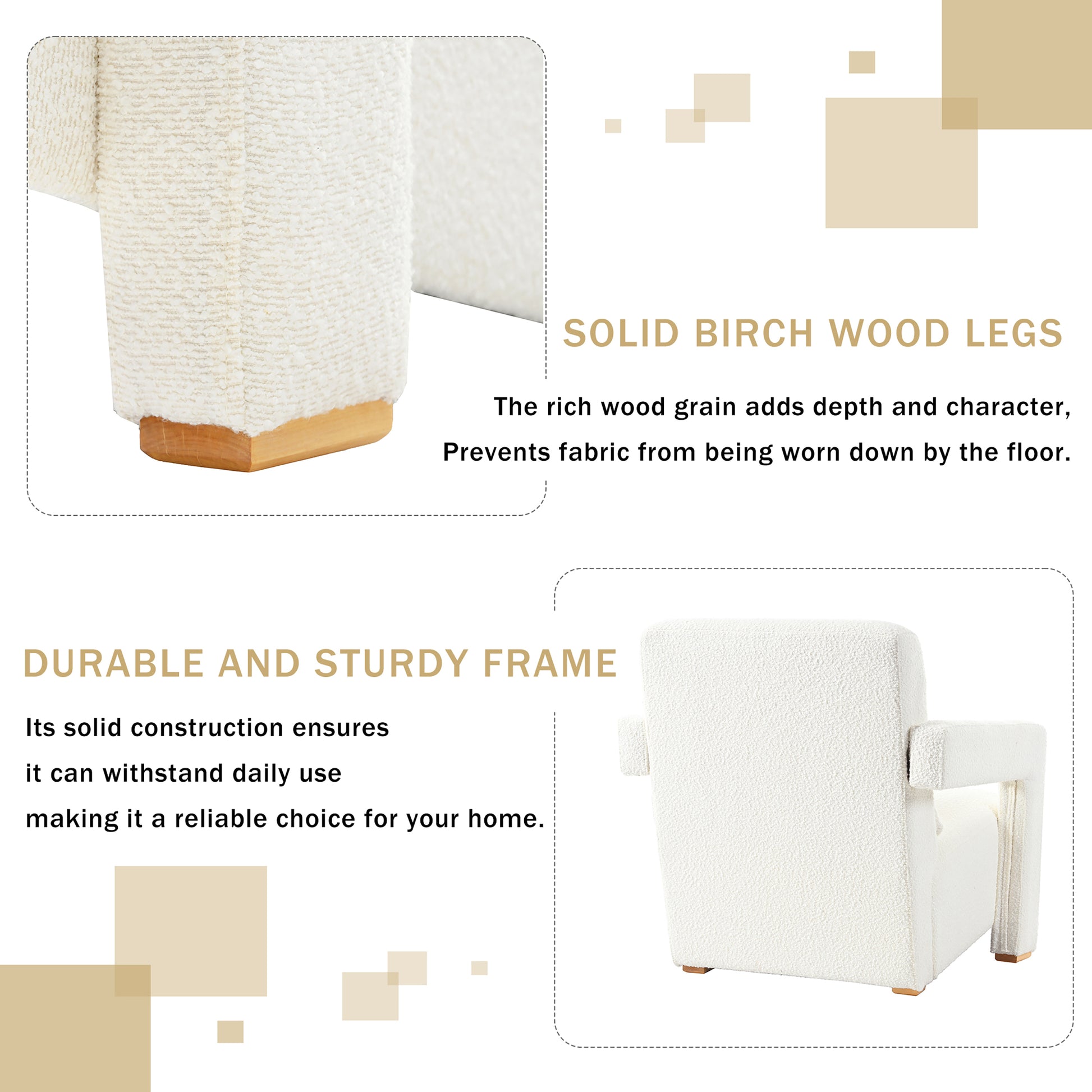 Mirod Sleek Right Angle Armrests, Ergonomic Lumbar Support, Square Wooden Block Legs, Inclined Seat For Comfort, Artistic Statement Piece For Living Room,Bedroom And Study White Boucle