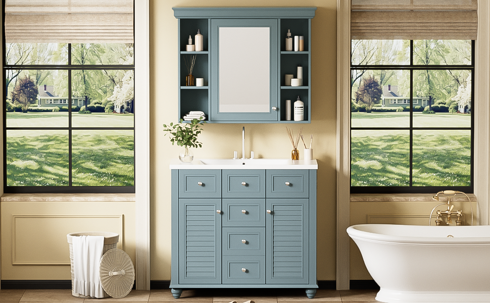 36'' Bathroom Vanity With Medicine Cabinet, Modern Mirror Cabinet With Adjustable Shelf, Bathroom Storage Cabinet With 2 Soft Closing Doors And 2 Drawers, Bathroom Vanity With Cabinet Door Organizers 2 Blue 2 Bathroom Freestanding French Country Solid