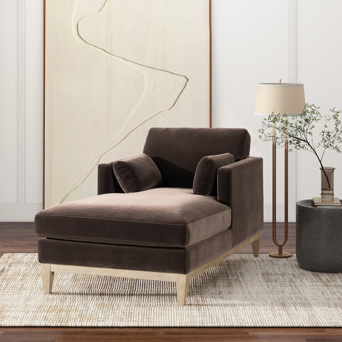Knox 65" Modern Farmhouse Chaise Lounge Chair, Deep Brown Performance Velvet Brown Foam Velvet