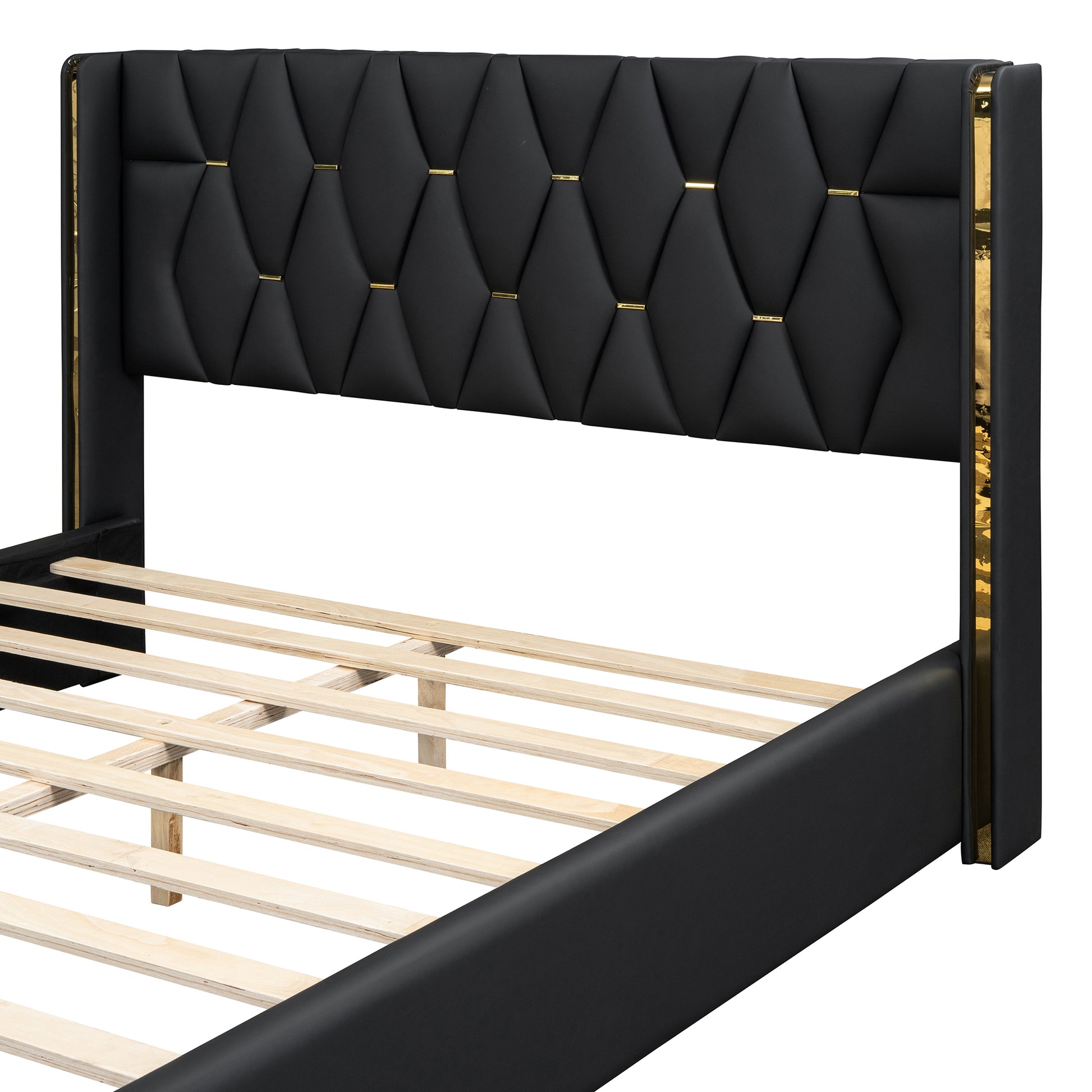 Full Size Upholstered Platform Bed With Metal Strips, Black Full Black Pu