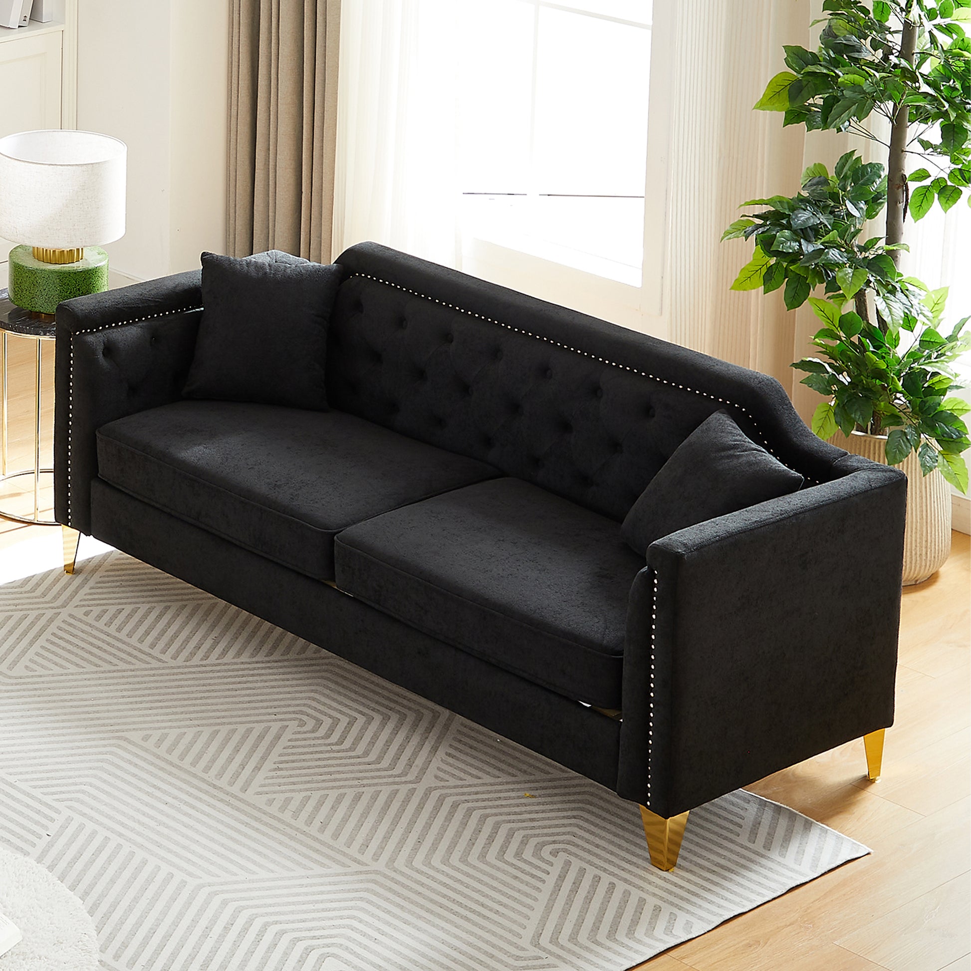 Fx81"Mid Century Design Modern Sofa,Chenille Pull Buckle Design Sofa For Living Room,Buttons Tufted With Copper Nail Decoration Armrest, With 2 Pillows,Modern Couch Upholstered Button And Metal Legs Black Chenille Pine Foam Fabric 3 Seat