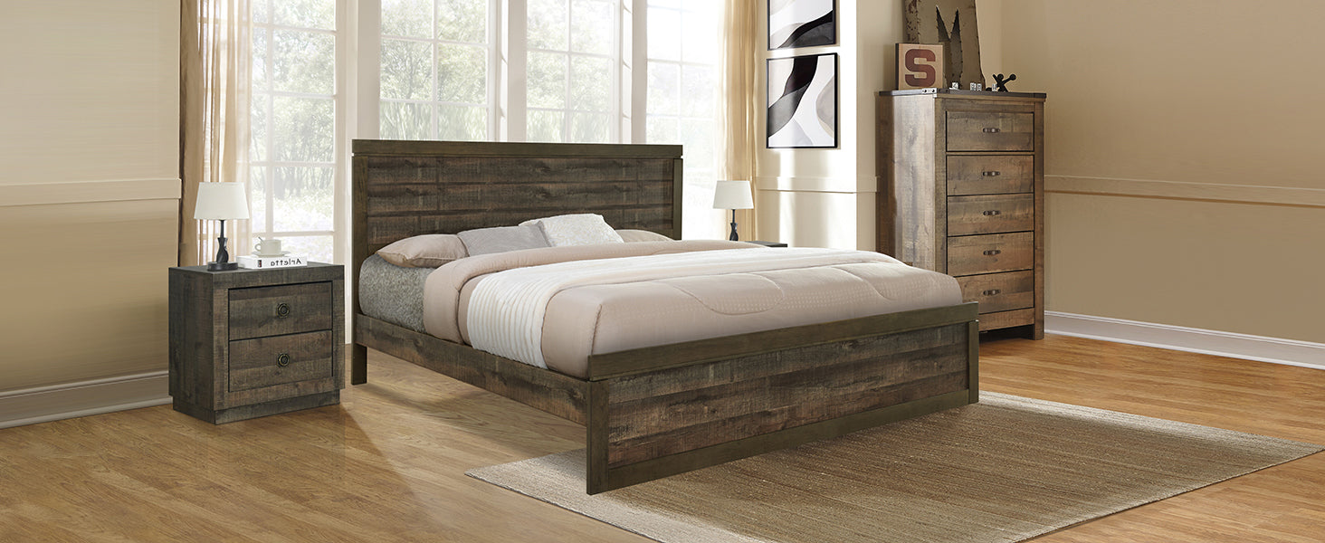 3 Pieces Vintage Farmhouse Style King Size Platform Bed With 10 Wooden Slats Support 2 Nightstands, No Box Spring Needed, Rustic Brown Box Spring Not Required King Rustic Brown Wood 3 Piece Set Bedroom Traditional Plywood