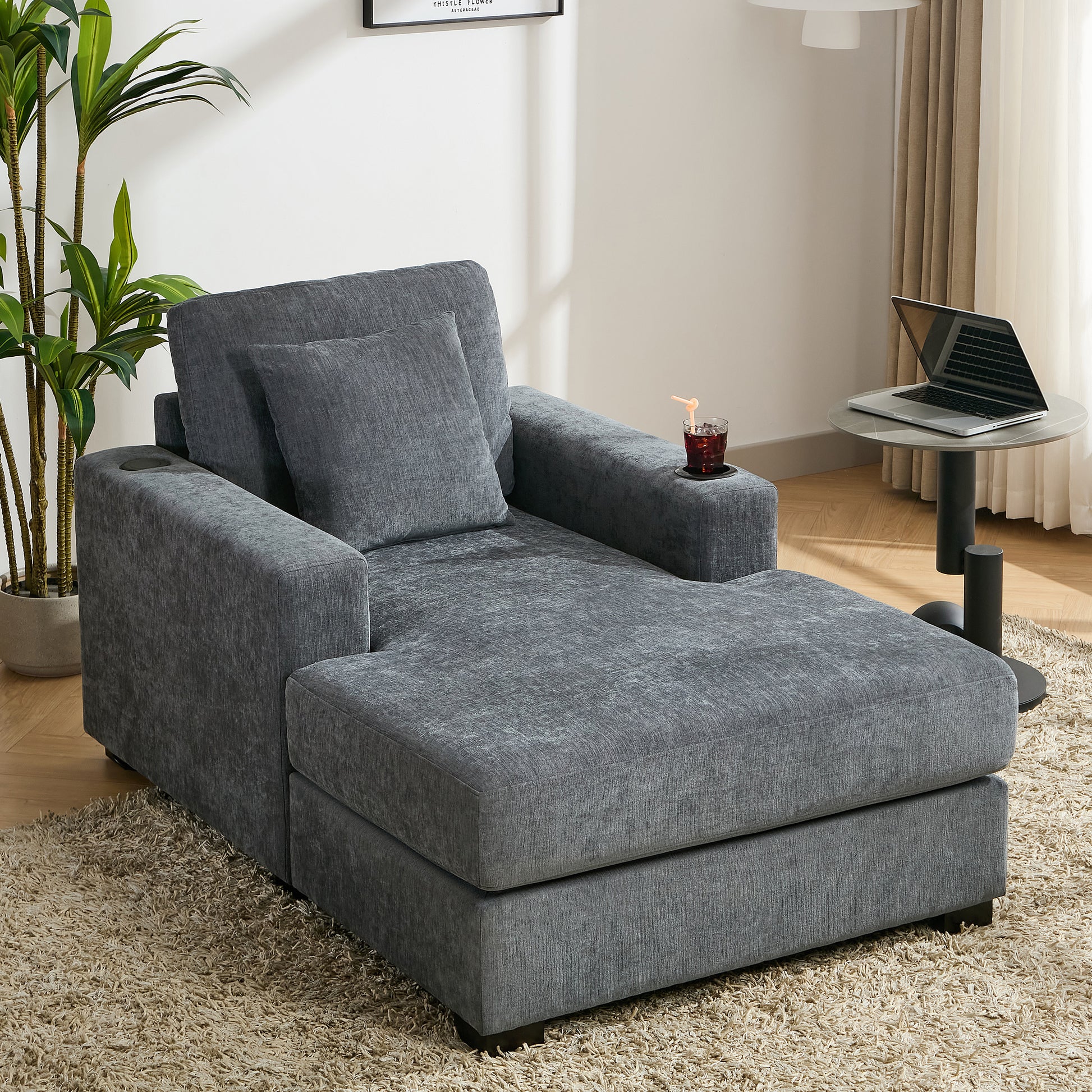 39.7" Oversized Chaise Lounger Modern Style Sofa Couch ,With Pillows, Charge Station & Cup Holders, Chenille Fabric, Blue Gray Blue Gray Chenille