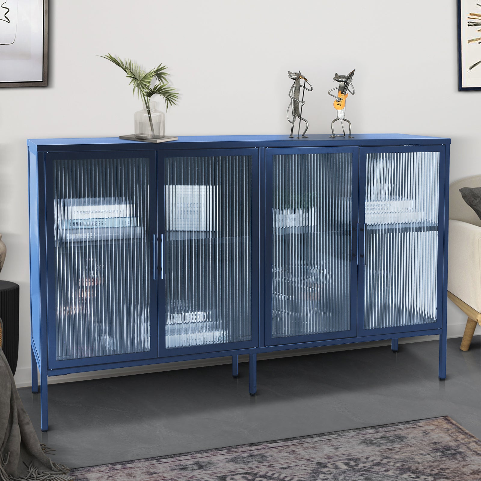 Stylish 4 Door Tempered Glass Cabinet With 4 Glass Doors Adjustable Shelf And Feet Anti Tip Dust Free Fluted Glass Kitchen Credenza Blue Blue Tempered Glass Sheet Metal Plastic