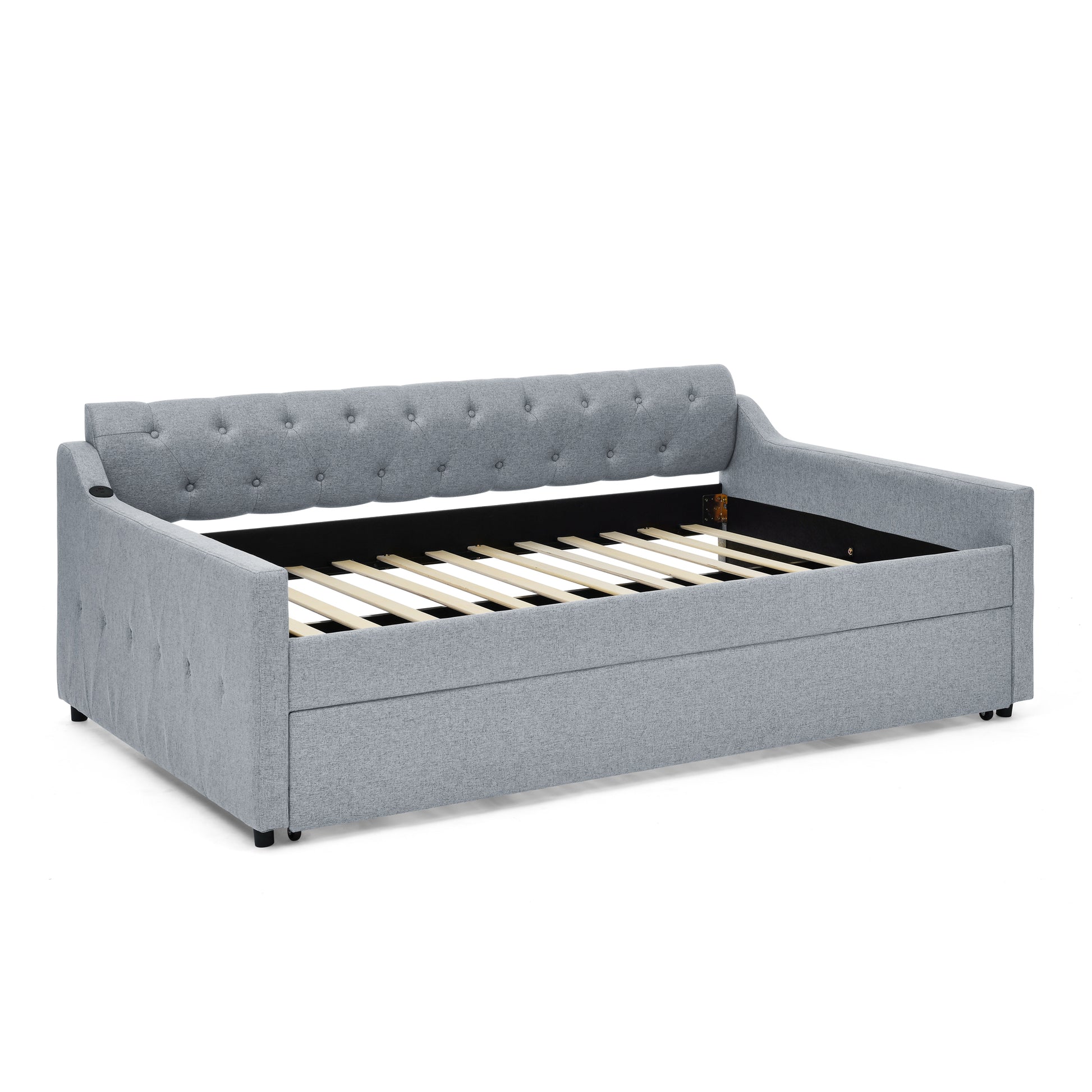 Full Size Upholstery Daybed With Twin Size Erectable Trundle And Usb Charging Design, Linen Grey Box Spring Not Required Full Grey Linen Linen