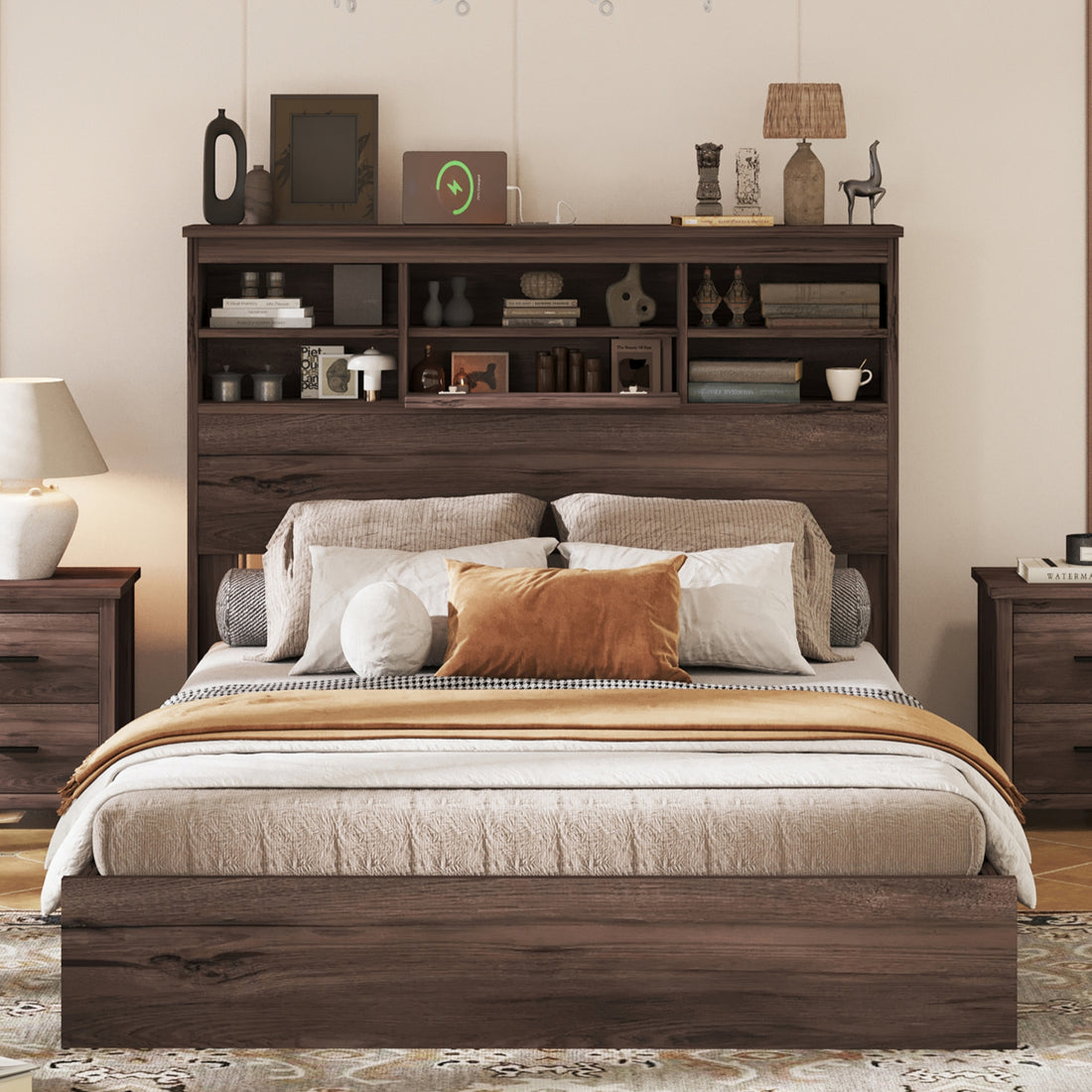 Queen Size Wooden Platform Bed With Storage Headboard,American Country Style Bed With Usb Charging Ports,Dark Walnut Queen Walnut American Traditional Mdf