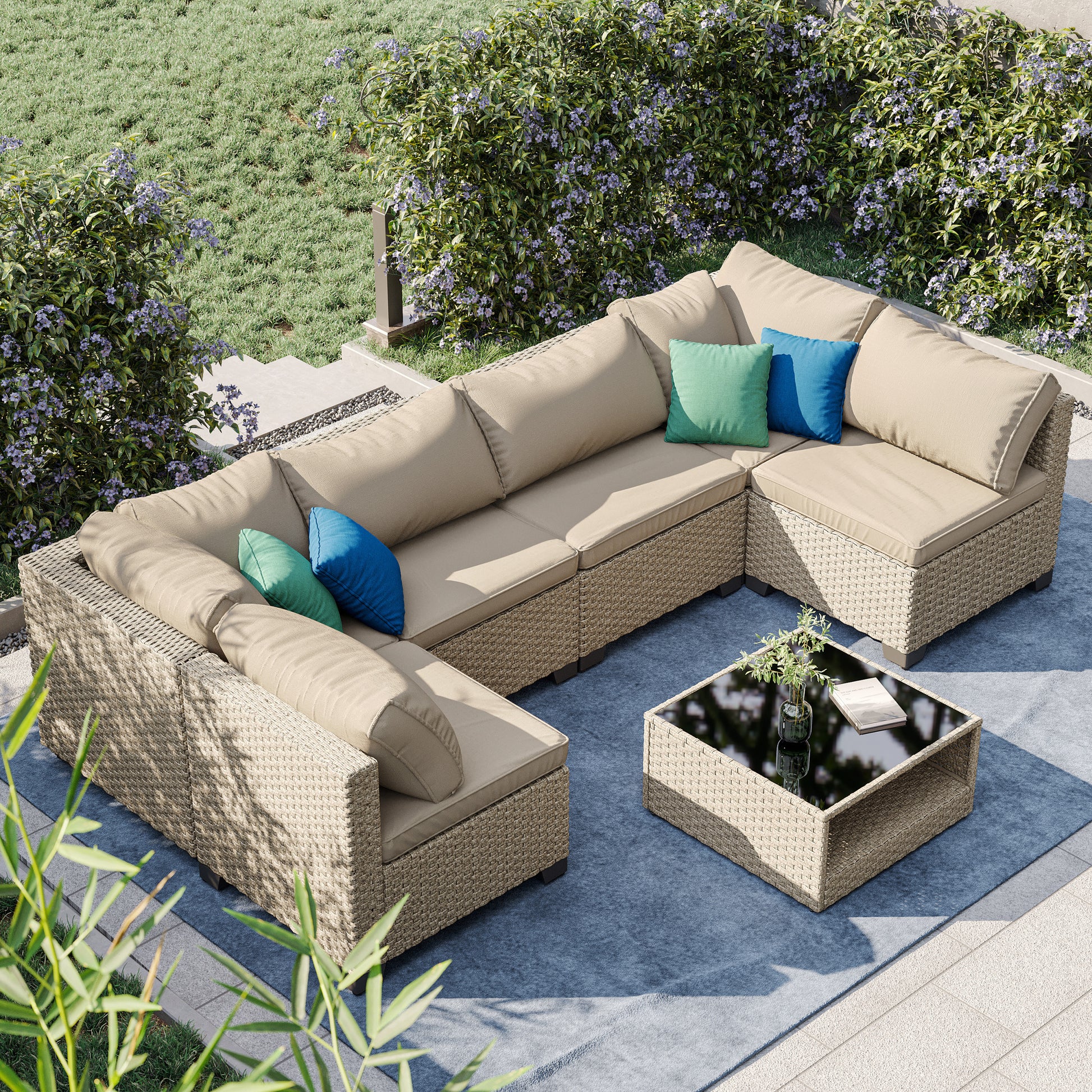 7 Piece Patio Furniture Set, All Weather Boho Outdoor Conversation Set Sectional Sofa With Water Resistant Grey Thick Cushions Light Khaki Beige Metal