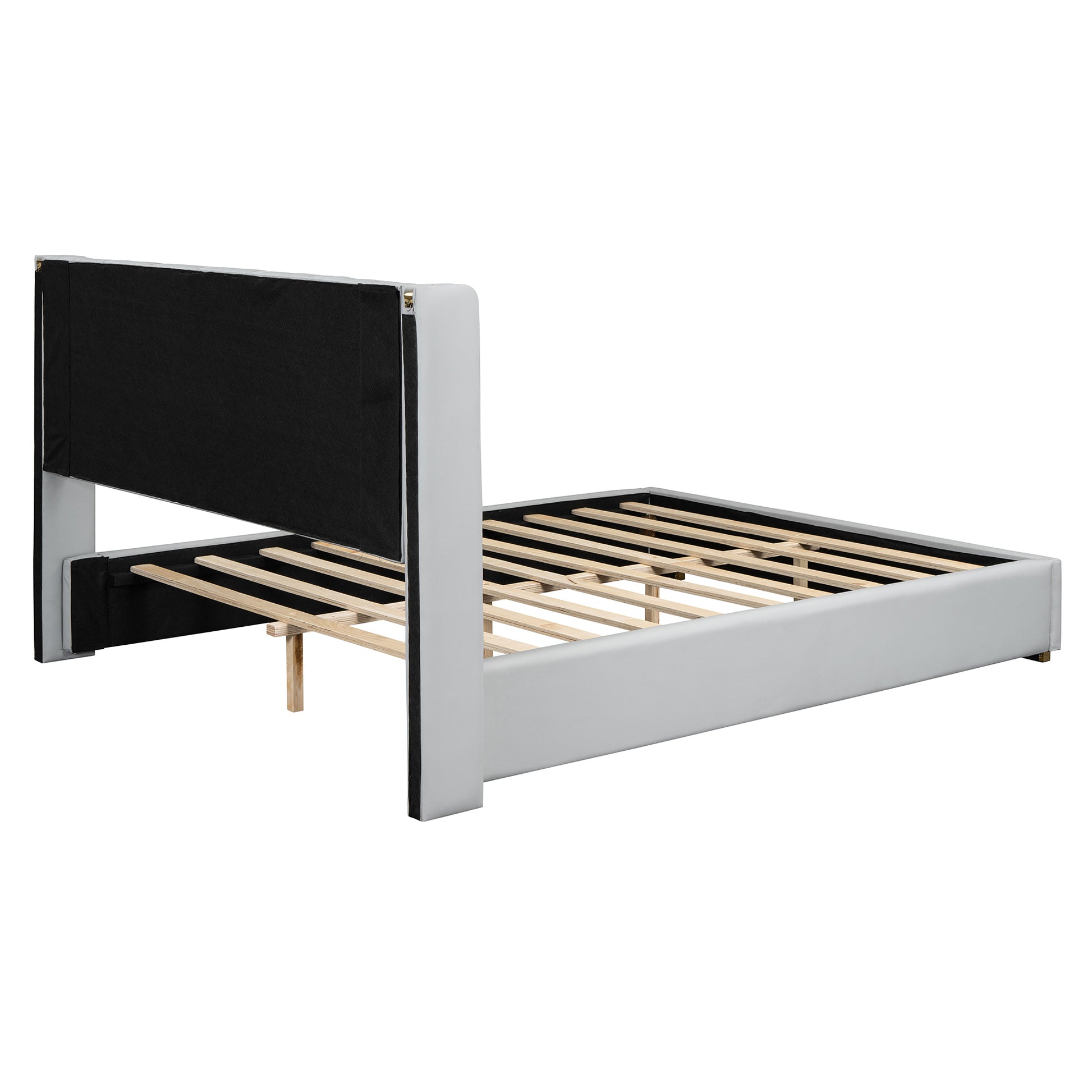 Queen Size Upholstered Platform Bed With Metal Strips, Off White Queen Off White Pu