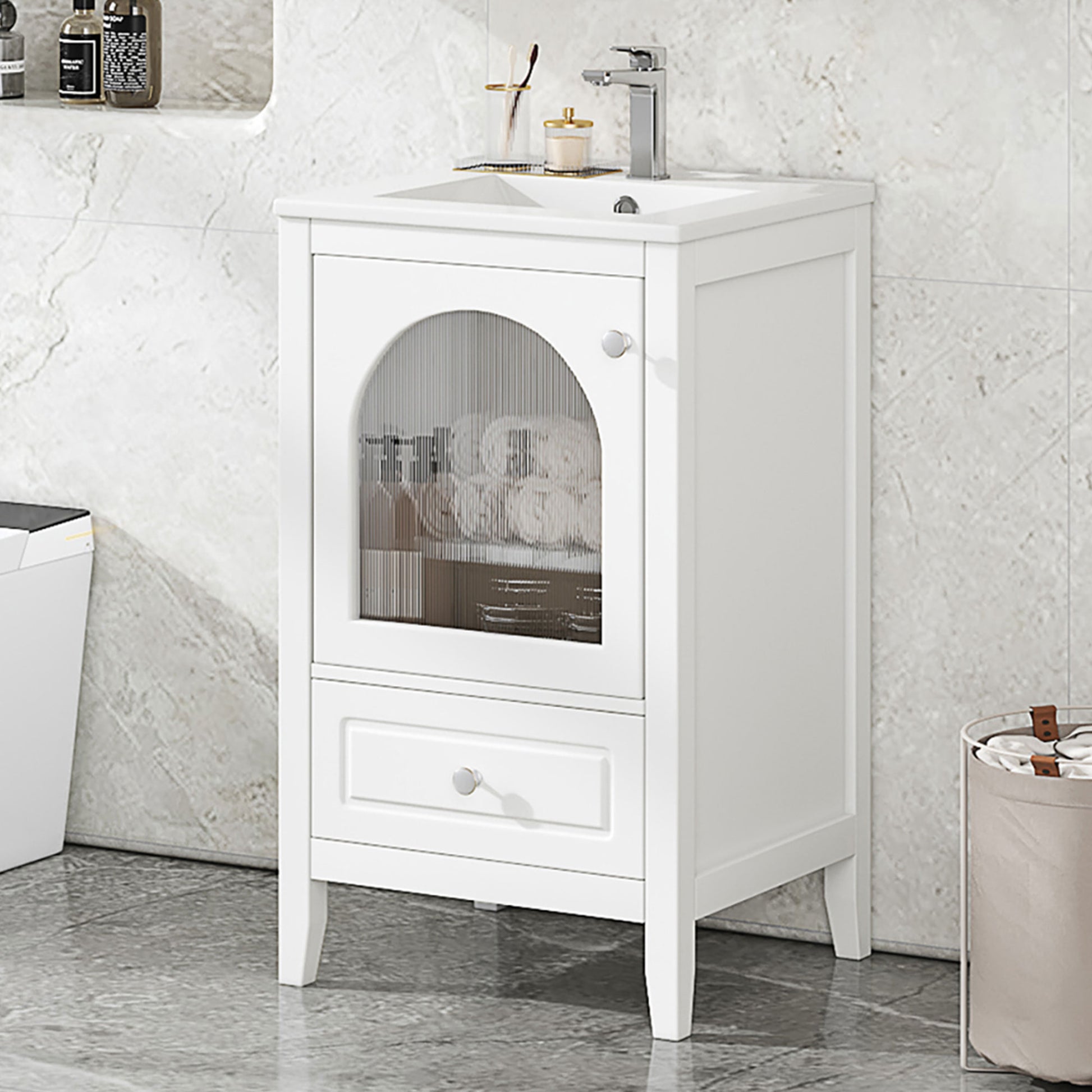 20" Bathroom Vanity With Sink, Bathroom Cabinet With Soft Closing Glass Door, A Drawer, White White Mdf
