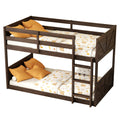 Twin Over Twin Floor Bunk Bed With Panelled Headboard And Footboard, Solid Rubber Wood Foundation With Safety Guardrails, Built In Ladder,Antique Oak Twin Antique Dark Oak Rubber Wood
