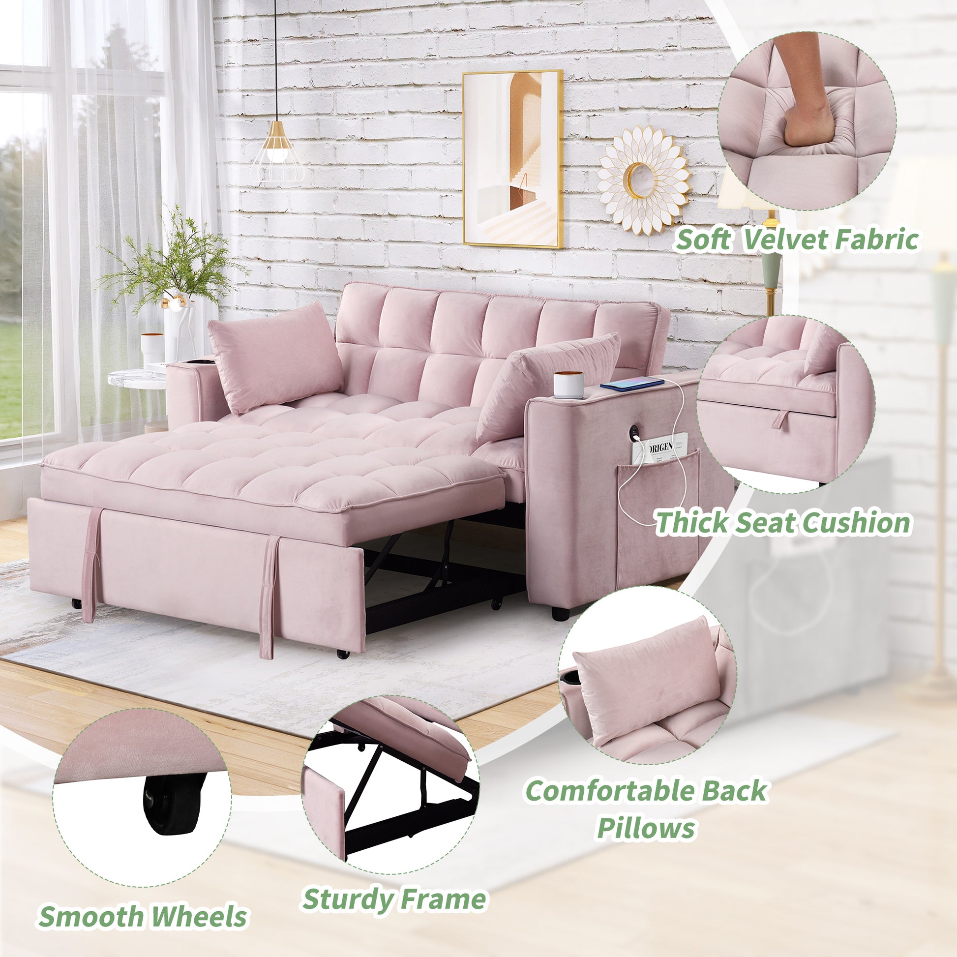58" 4 1 Multi Functional Sofa Bed With Cup Holder And Usb Port For Living Room Or Apartments Pink Pink Foam 2 Seat