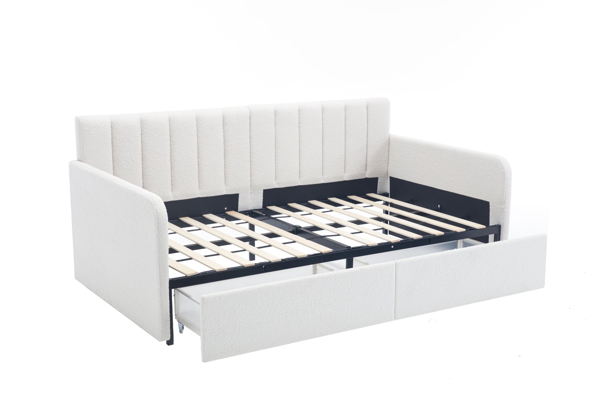 Flora Upholstered Daybed With 2 Drawers, Twin, Ivory Boucle, Ribbed Tufted Backrest, Daybed In Lavish Modern Design Box Spring Not Required Twin Ivory Metal Bedroom Classic,Contemporary,Minimalist,Traditional,Transitional Upholstered Upholstered