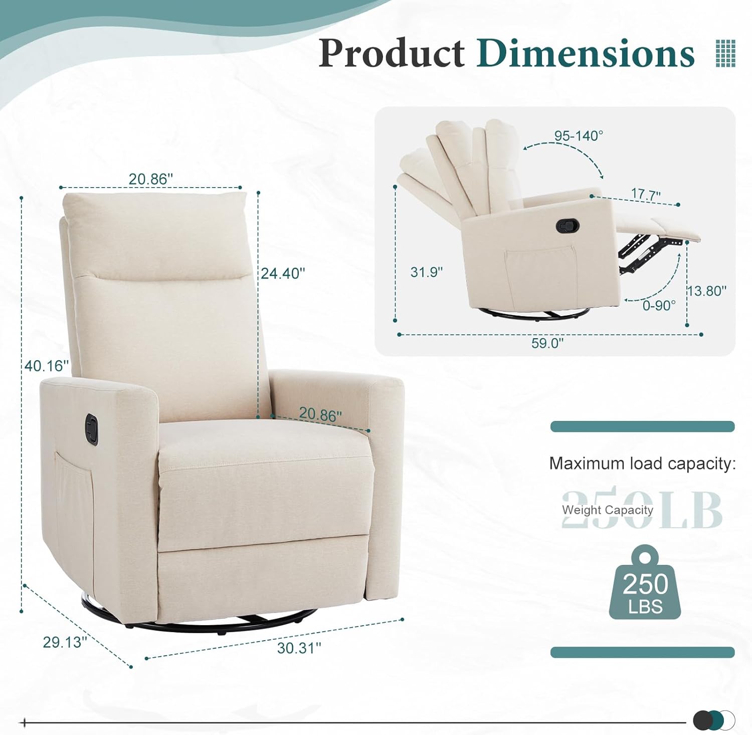 Swivel Rocking Chair, 360 Swivel Recliner Chairs For Bedroom, Office, Glider Nursery Chair For Bedroom Room, Faux Leather Reclining Sofa With Large Footrest, Beige Beige Metal