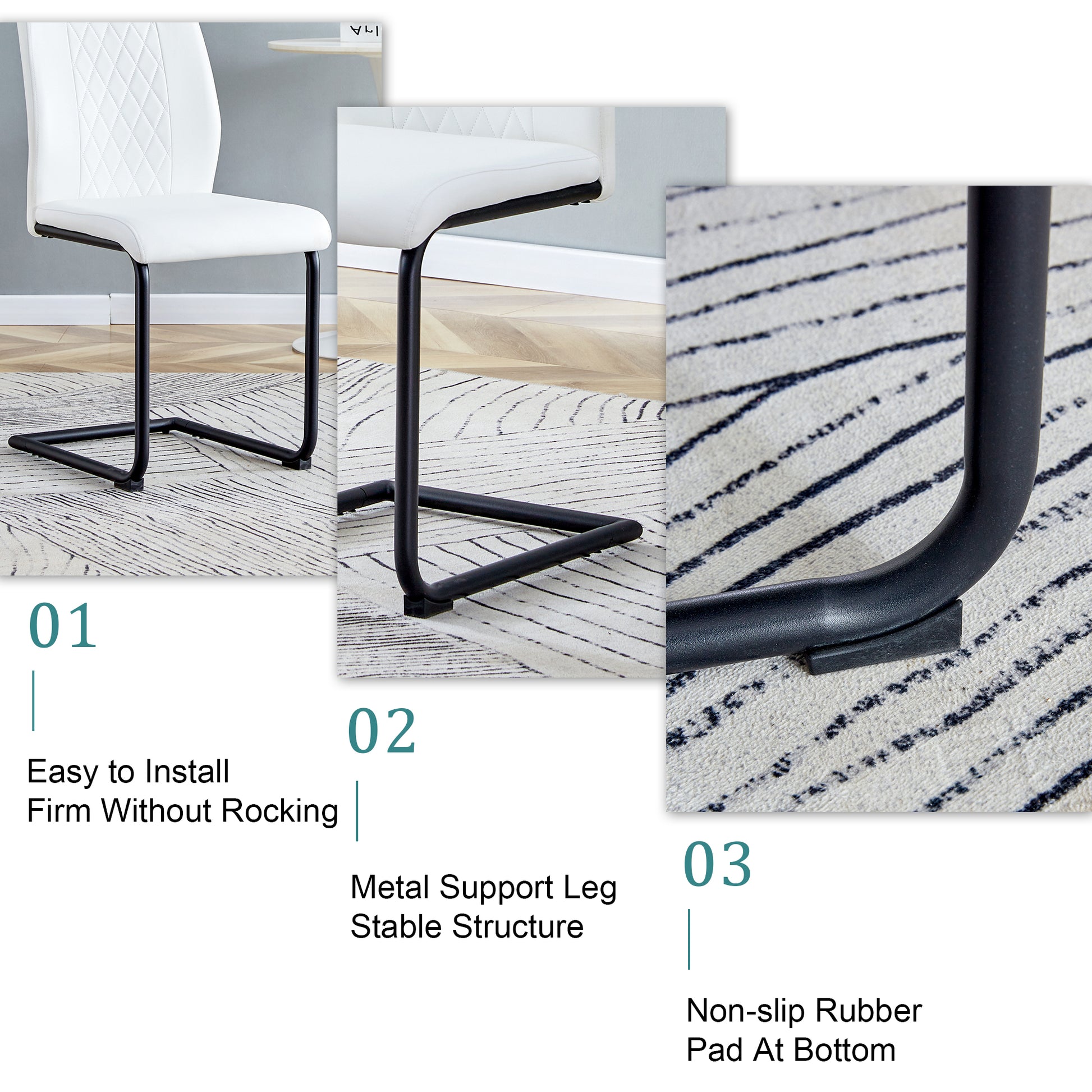 Table And Chair Set.Modern Rectangular Glass Dining Table With 0.39" Tempered Glass Tabletop And Black Metal Legs.Paired With Multiple Chairs Designed With Pu Cushions And Black Metal Legs. White Black Seats 6 Tempered Glass