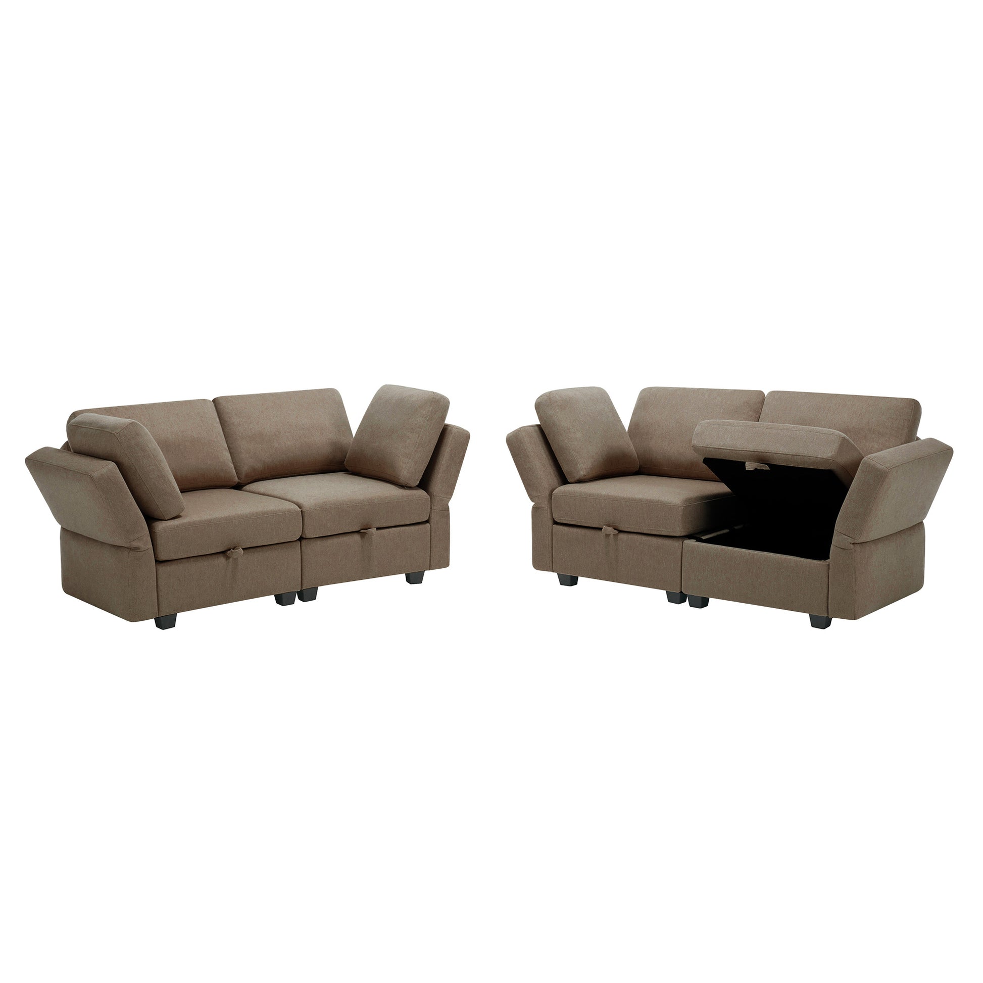 Living Room Furniture Sets, 2 Piece Comfy Upholstered Sofa Couch Set, Mid Century Modern Loveseat Sofa Sets With Storage Space Small Spaces Under Seats, Adjustable Arms And Backs Brown Brown Polyester 4 Seat