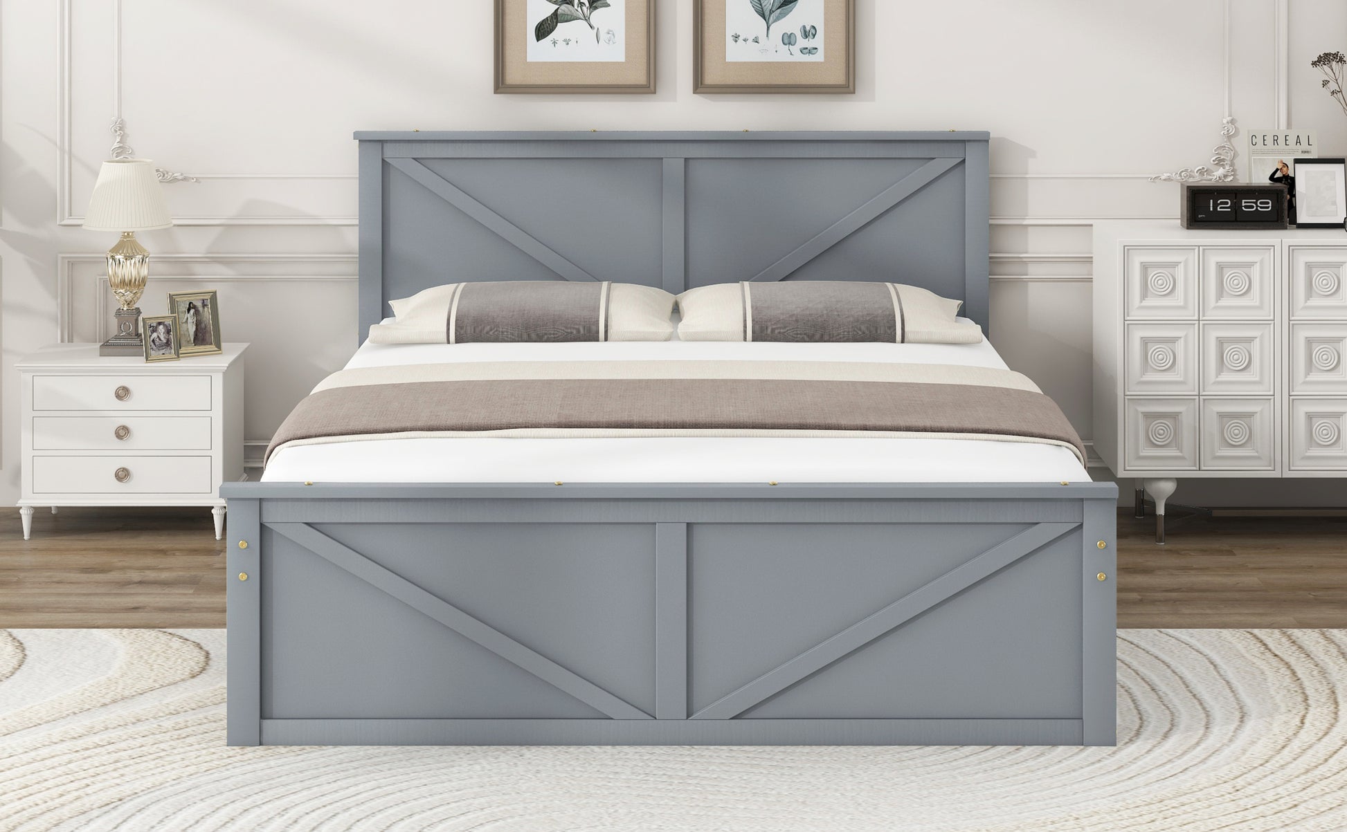 Queen Size Wooden Platform Bed With Four Storage Drawers And Support Legs, Gray Queen Gray Pine