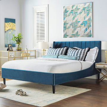 Aspen Vertical Tufted Modern Headboard Platform Bed Set, Queen, Satin Teal Blue Velvet Box Spring Not Required Queen Blue Wood Foam Velvet Velvet