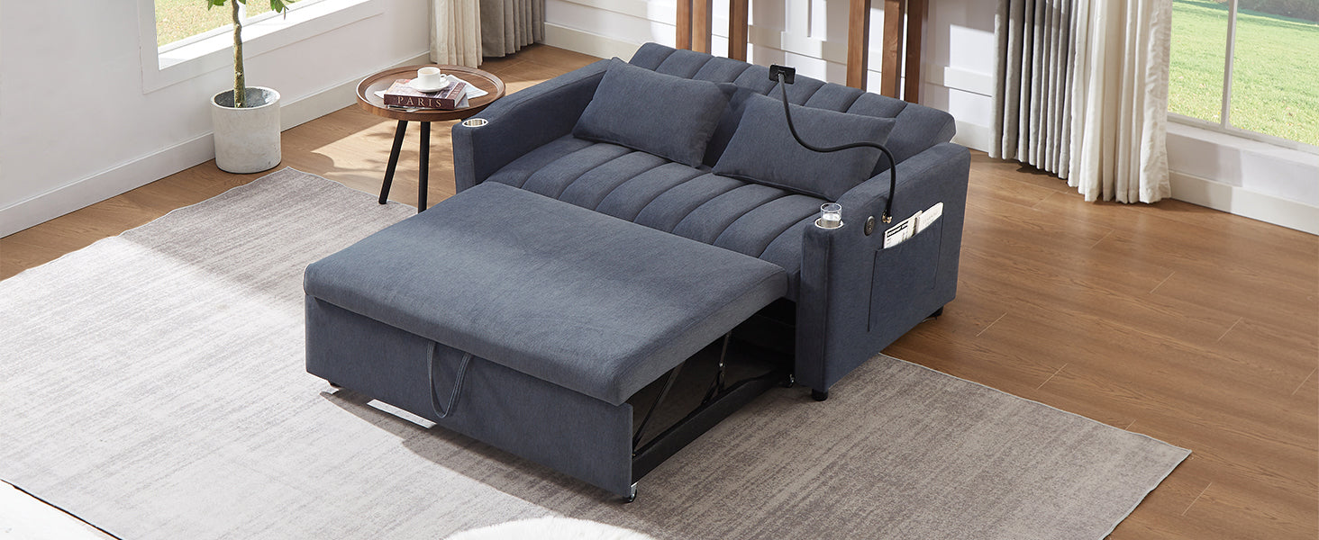 55.9" Convertible Sofa Bed Loveseat Sofa With Three Usb Ports, Two Side Pockets, Two Cup Holders And 360 Swivel Phone Holder For Living Room, Blue Grey Blue Gray Foam Polyester