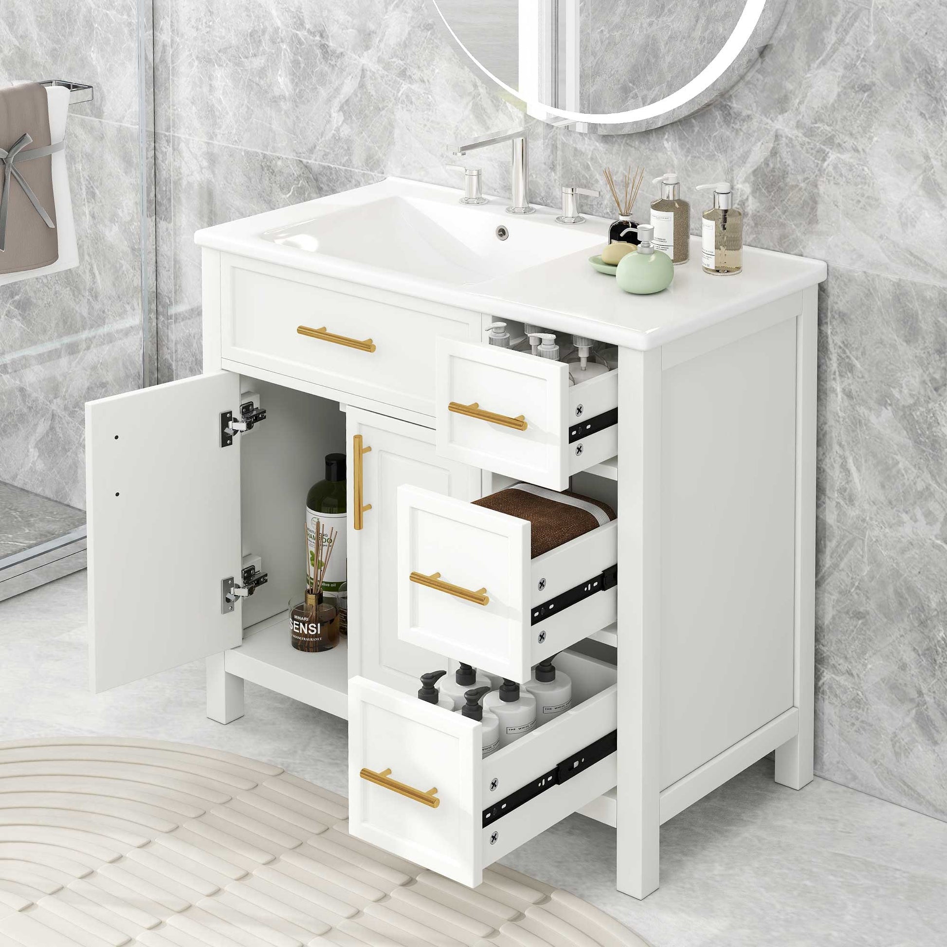 36" Bathroom Vanity With Sink Top, Bathroom Vanity Cabinet With Two Doors And Three Drawers, Solid Woodmdf Boards ,One Package, White White Solid Wood Mdf