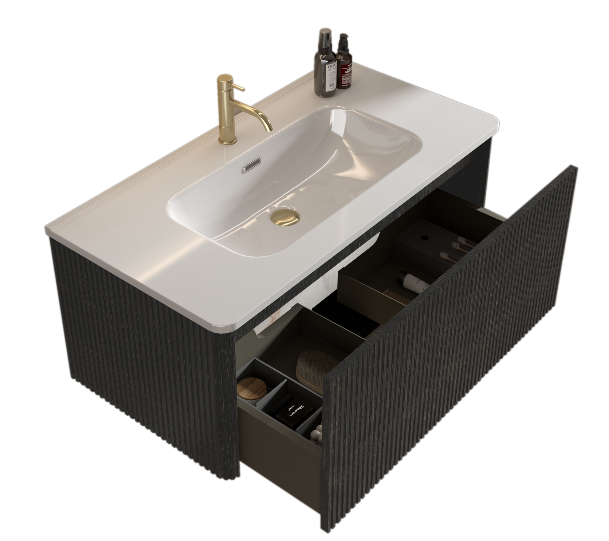 U058 Etna36W 308 Etna 36" Striped Brushed Black Oak Floating Bathroom Vanity With White Ceramic Sink, Bathroom Vanity For Modern Bathroom, Pre Assembled Black Melamine