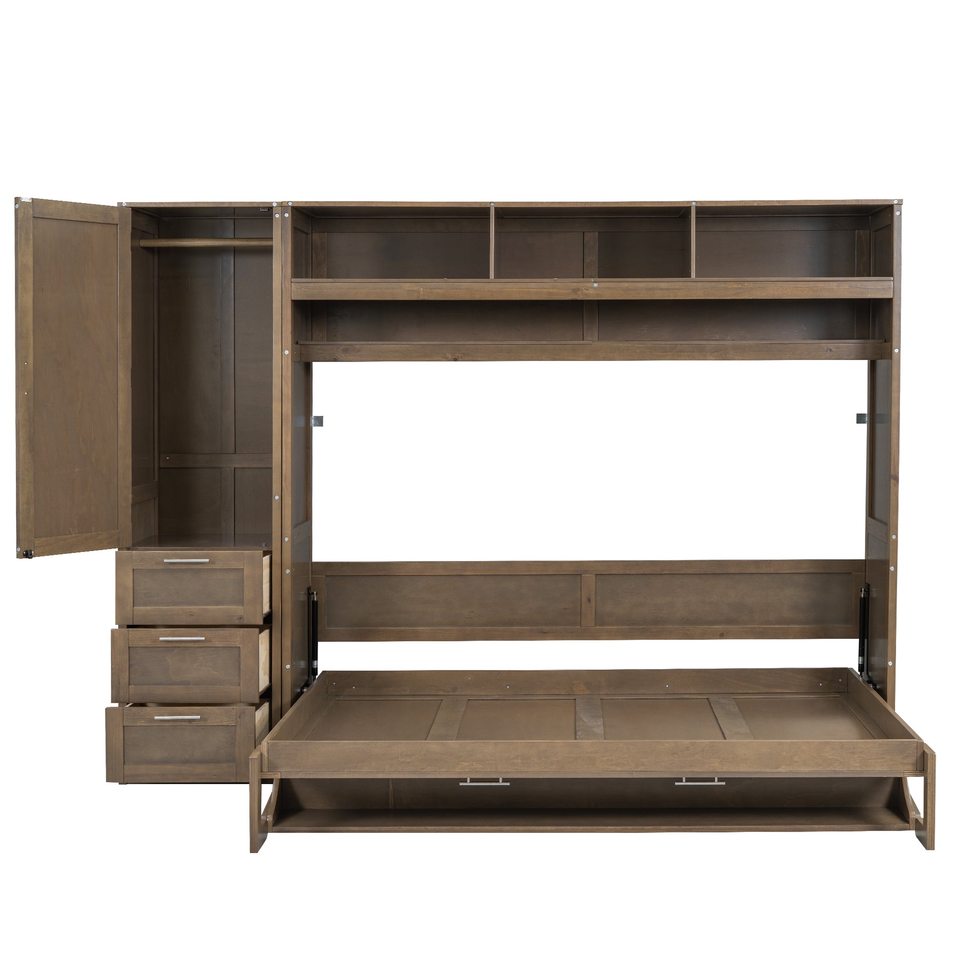 Full Size Murphy Bed With Wardrobe, Drawers And Open Shelves, Antique Wood Box Spring Not Required Full Wood Wood Murphy Solid Wood Mdf