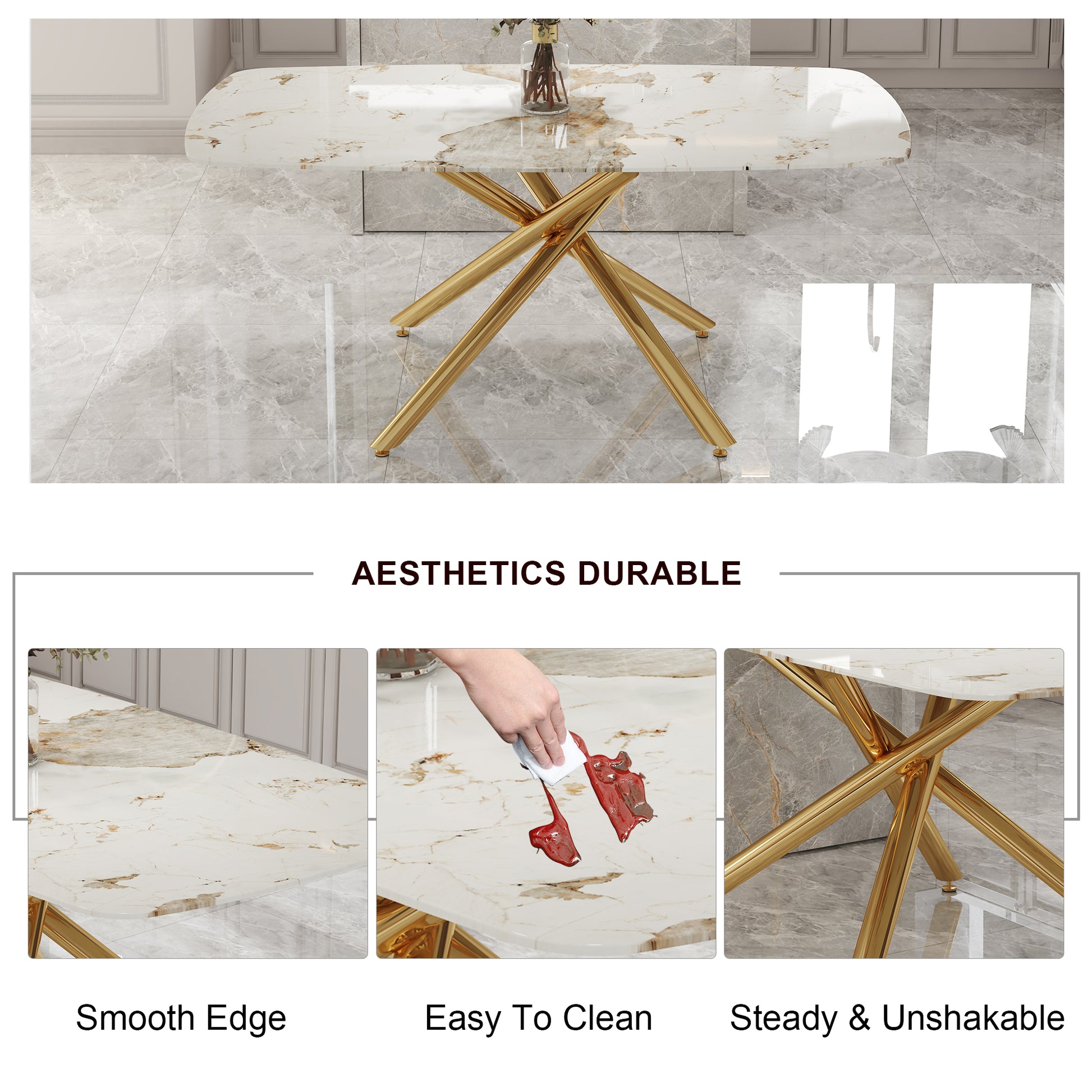 Large Modern Minimalist Rectangular Dining Table With 0.39 "Imitation Marble Tabletop And Golden Metal Legs, Suitable For Kitchen, Dining Room, Living Room, Conference Room, W1151S00987 Gold Glass Metal