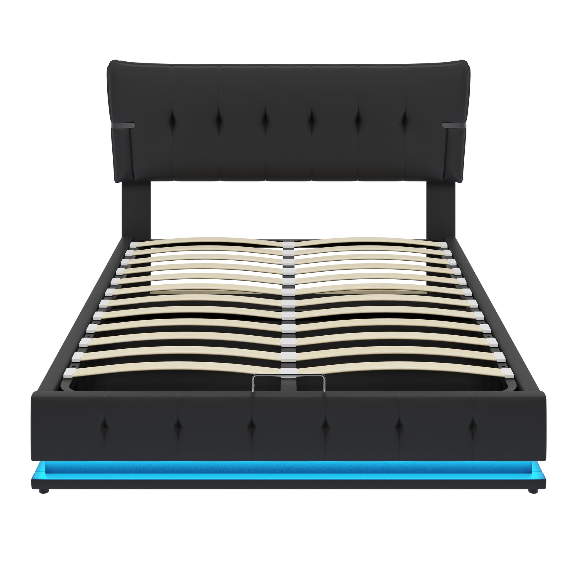 Upholstered Platform Queen Size Hydraulic Storage Bed, Lift Up Storage Bed With Rgb Led Light, Pu Leather Headboard And Footboard, No Box Spring Needed, Black Queen Black Wood Metal