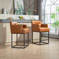 Coolmore Counter Height Bar Stools Set Of 2, Modern Barrel Bar Stool With Backrest And Arms, Black Metal Frames, Upholstered Bar Stools For Kitchen Island, Pub, Club Light Brown Foam Pu Leather