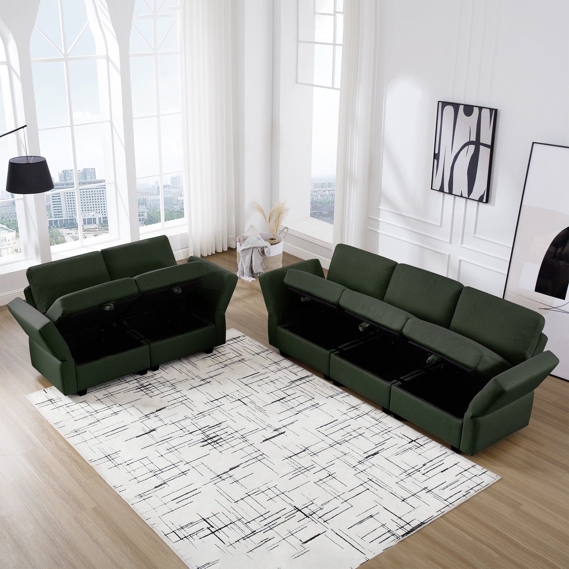 Living Room Sofa Set With 3 Seat Couch And 2 Seat Loveseat, Hidden Storage Under Seat, Soft Back Cushions And Arm Cushionsadjustable Arms And Backs Green Green Polyester 5 Seat