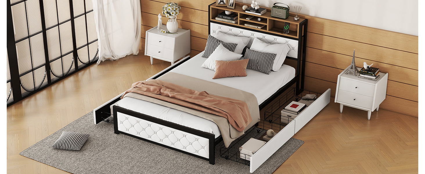 Metal Full Size Platform Bed With 4 Drawers, Upholstered Headboard And Footboard, Sockets And Usb Ports, White Full White Black Fabric Metal