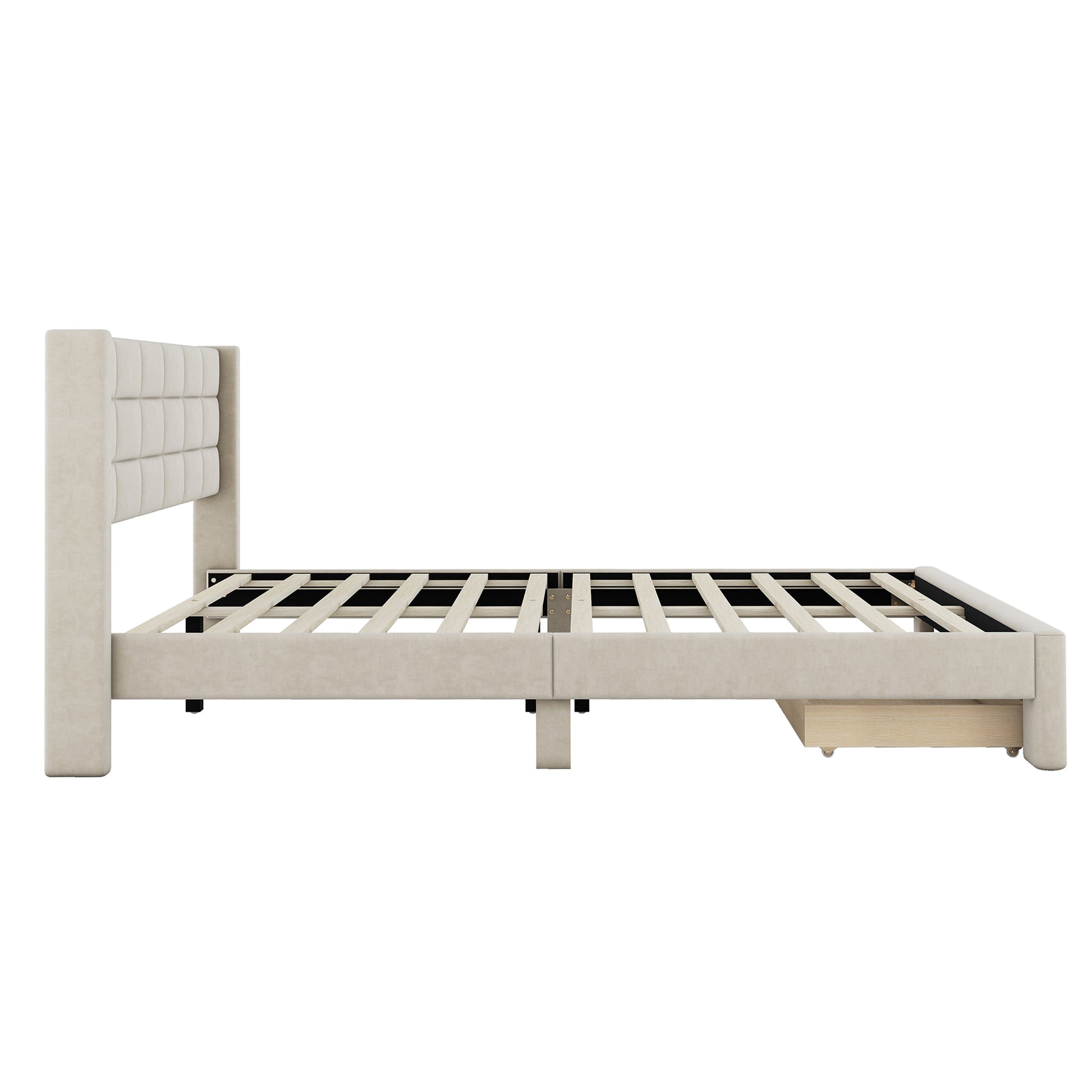 Queen Size Upholstered Platform Bed With A Big Drawer, Beige Box Spring Not Required Queen Beige Wood Bedroom Bed Frame Polyester Upholstered
