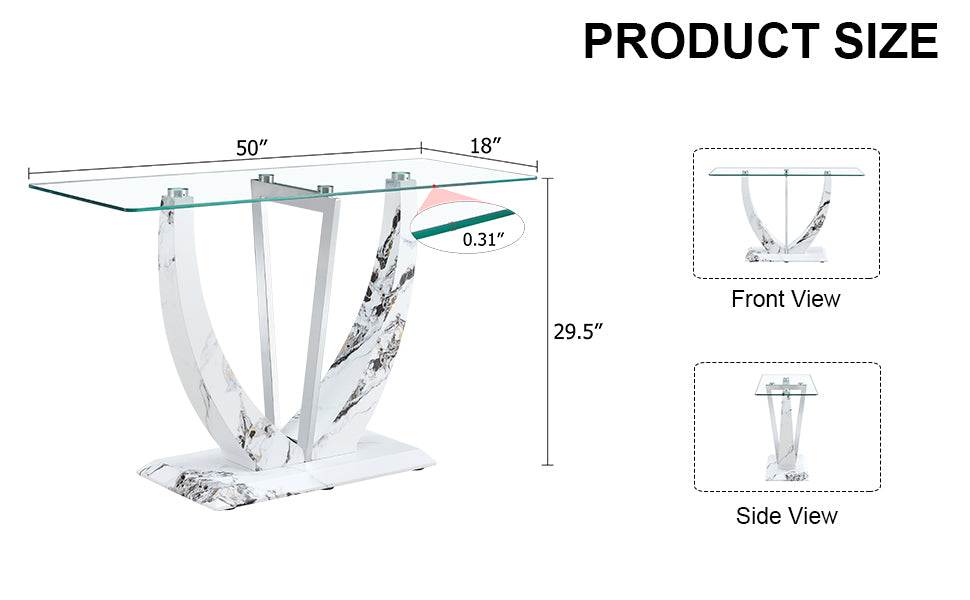 Modern Minimalist Rectangular Glass Table With 0.39 "Tempered Glass Top And Mdf White Patterned Sticker Legs For Entrance And Living Room. Transparent Glass