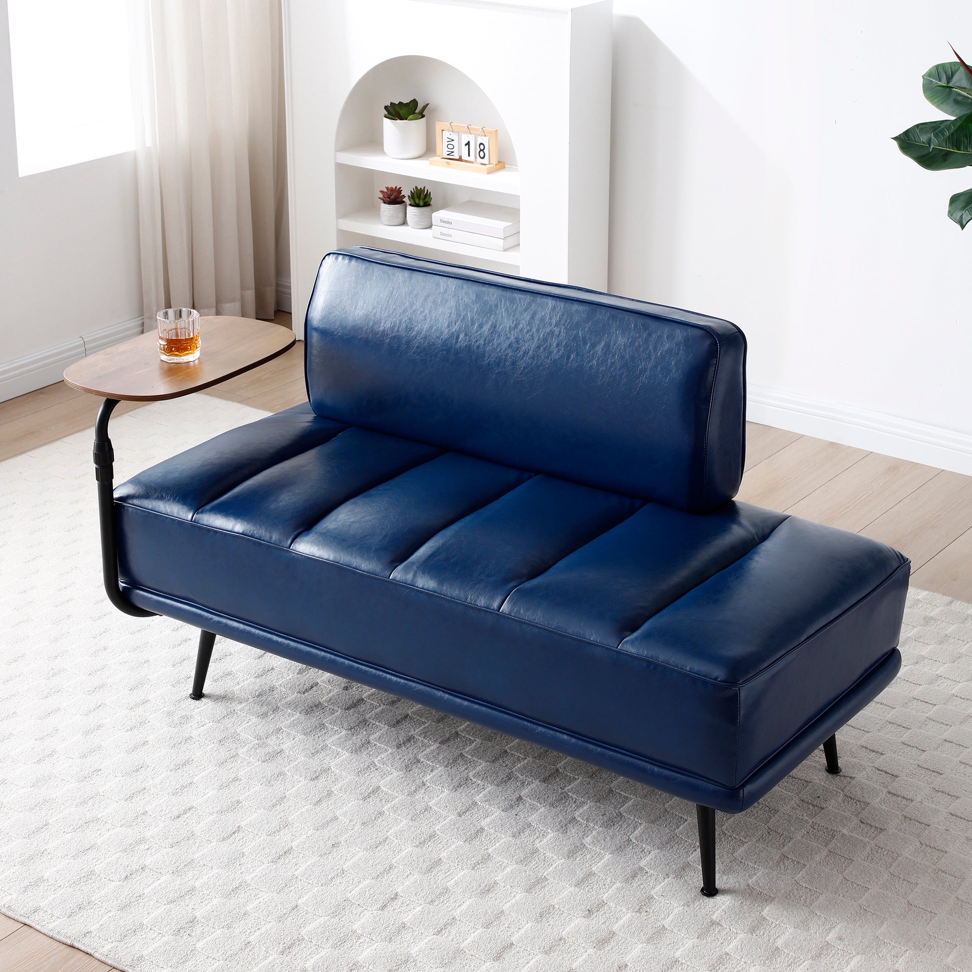 55"Inch Width Modern End Of Bed Bench,Blue Faux Leather Upholstered With Side Table, 360 Degree Swivel Tray Couch,Entryway Ottoman,Window Bench With Metal Legs For Bedroom, Living Room Blue Faux Leather Wood Primary Living Space Modern Foam Pu Leather 2