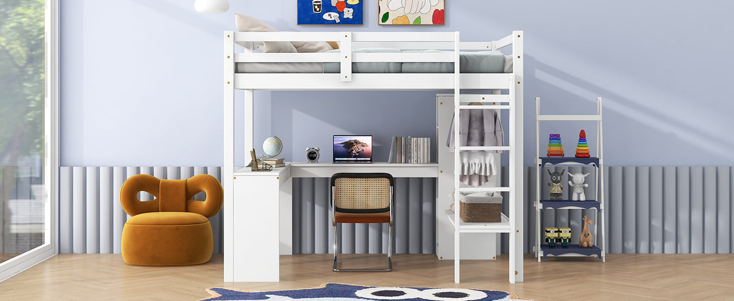 Twin Size Loft Bed With L Shaped Desk, Wardrobe And Storage Shelves, White Expected Arrival Time: 8.31 Box Spring Not Required Twin White Wood Bedroom Solid Wood Mdf