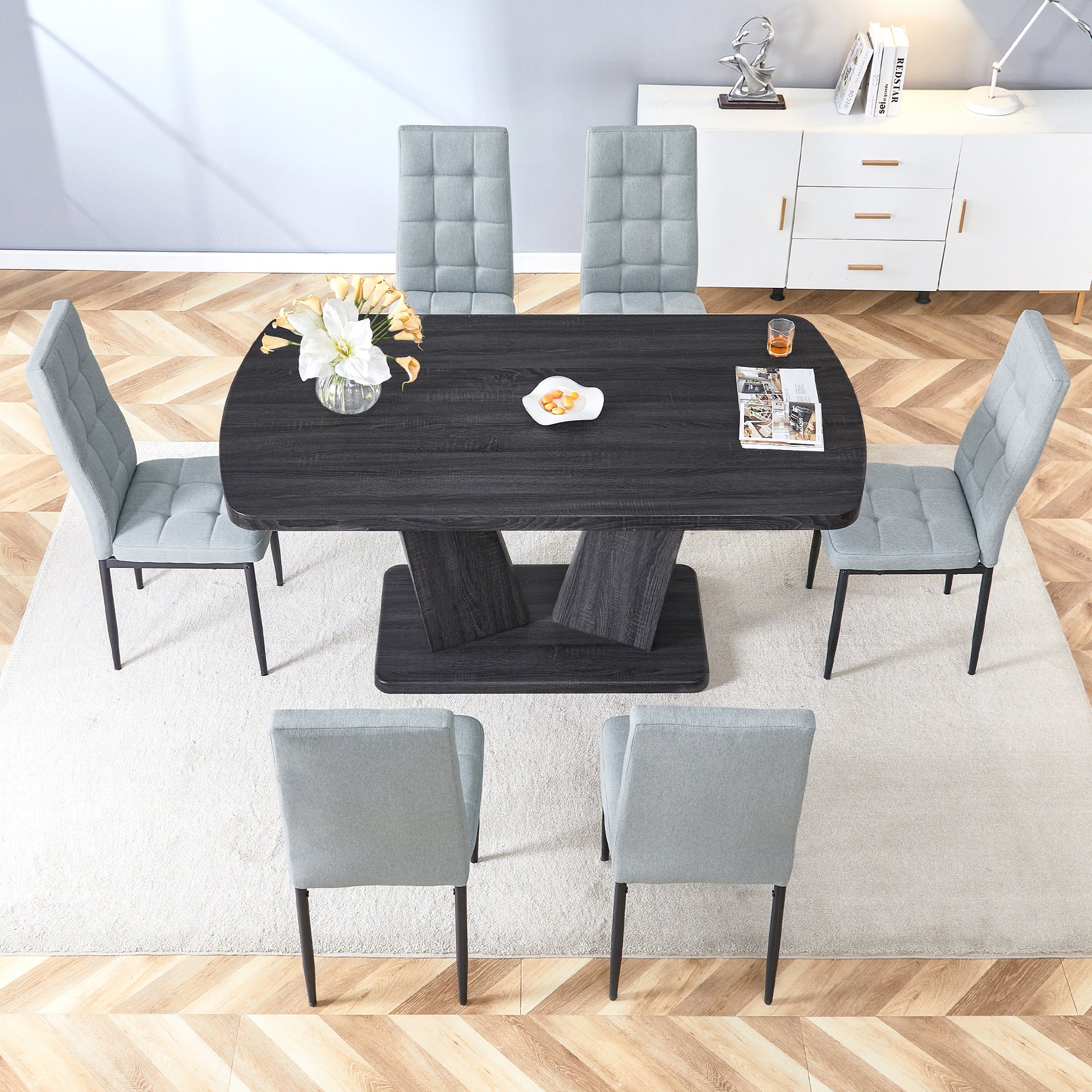 Dining Table Set For 6, 7 Piece Kitchen Table Chairs Set, 1.8" Thickness Tabletop And V Shaped Table Legs, Modern Dining Room Set With 63 Inch Dinner Table And 6 Upholstered Chairs For Dining Room Metal Gray Dining Room Classic,Mid Century Modern,Modern
