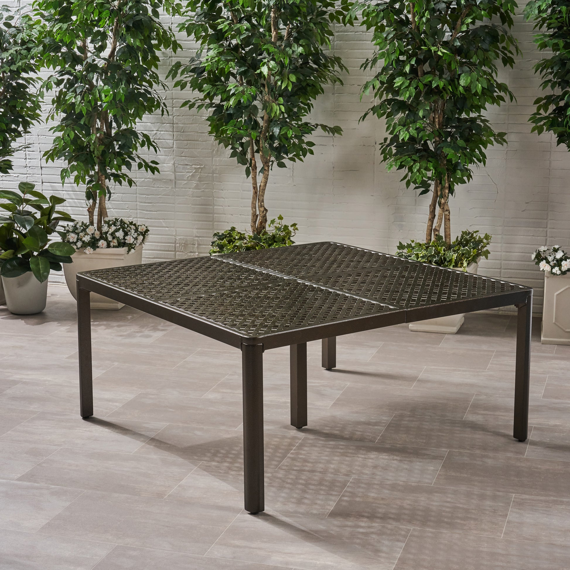 Outdoor Modern Aluminum Dining Table With Woven Accents, Gloss Black Red Aluminium