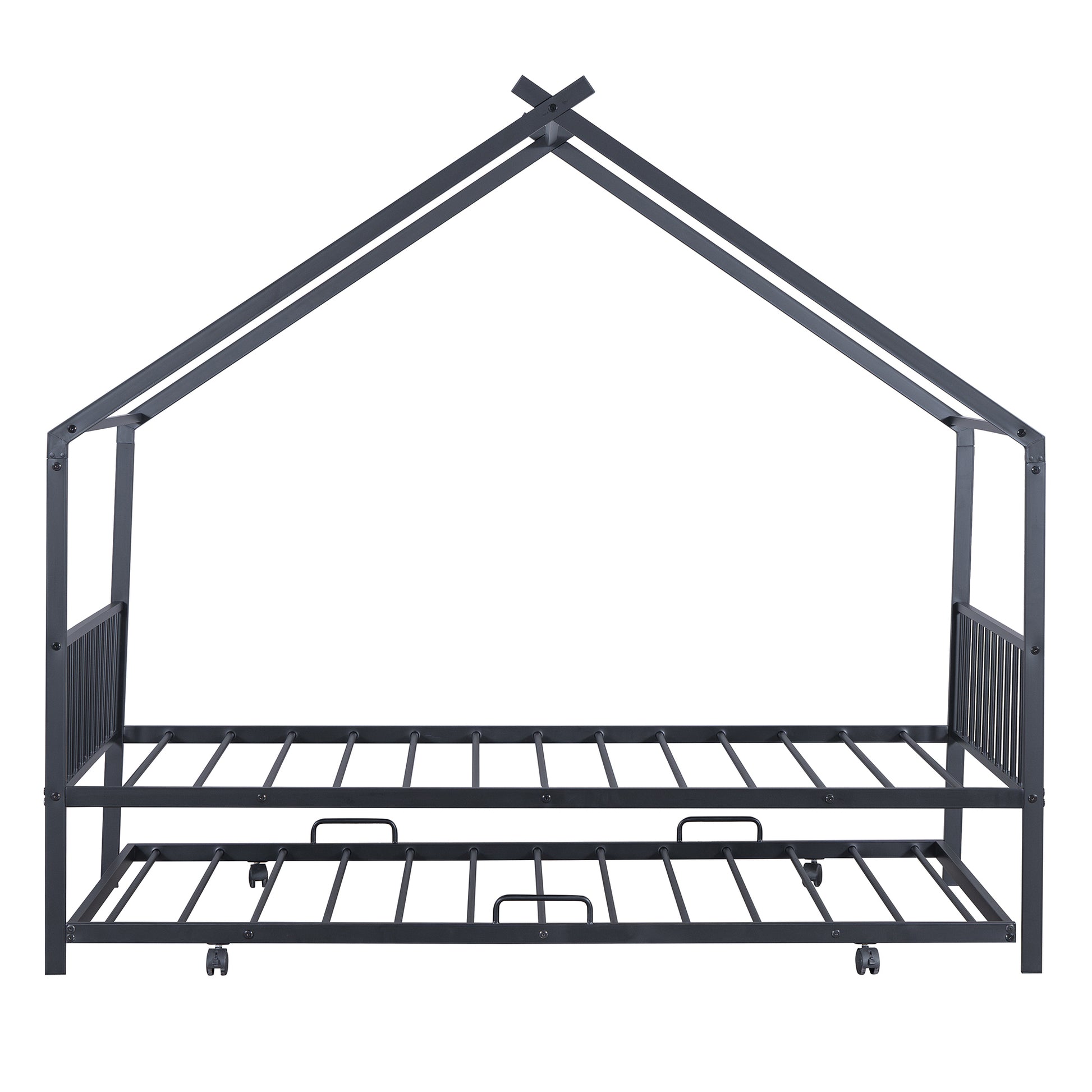 Twin Size Metal House Bed With Twin Size Trundle, Black Twin Black Metal